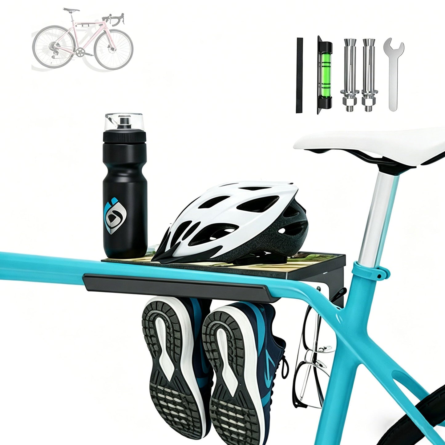 KOQEIEY Bike Wall Mount - Horizontal Indoor Bike Rack for Garage Storage - with Holds a Helmet and Shoes - Space Saving Wall Bike Hanger Mount for Road, Mountain and Hybrid Bikes in Garage