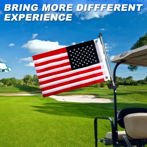 Golf Cart Flag Holder and Flag Pole Kit for Yamaha, EZGO, Club Car, Upgraded Flag Bracket for 0.59-1.18" Round/Oval/Square Rails Golf Carts, Boat, Golf Push Carts, Included USA Flag (22.8×11.4inch)