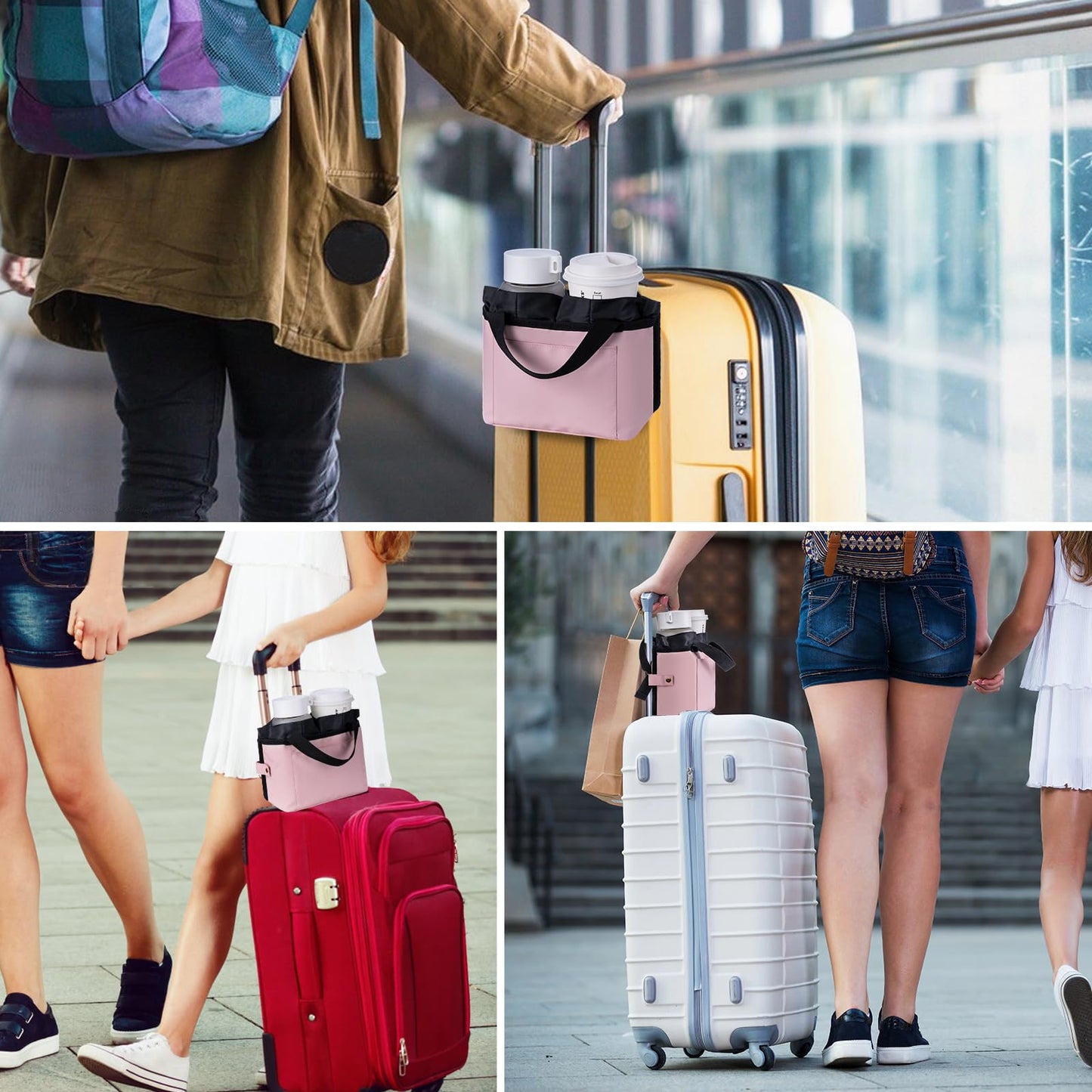WIROTA Luggage Cup Holder - Multifunctional Travel Caddy - Fits Suitcase Handles, Also, as a Stroller & Automotive Cup Holder - Pink