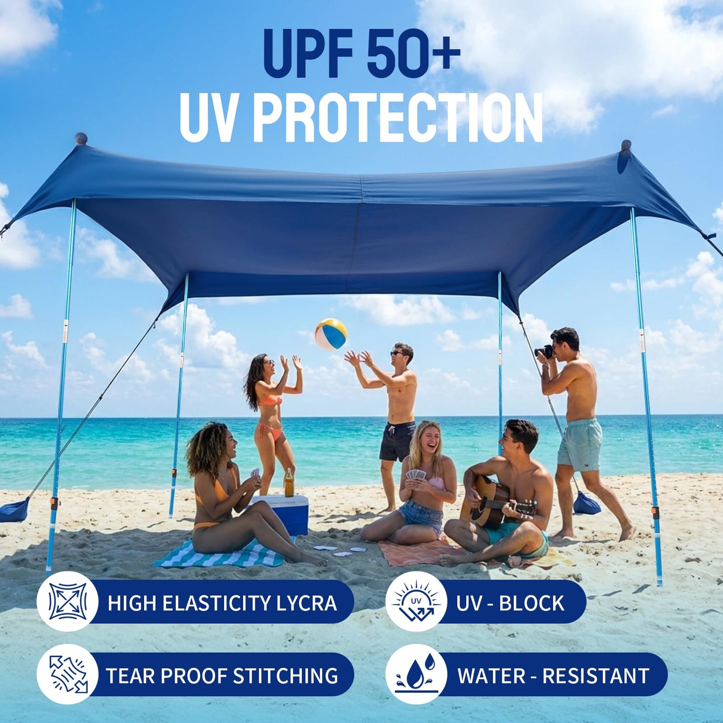CROWN SHADES 10x10 Beach Tent Sun Shelter, Easy Pop Up Beach Canopy Shade, UPF50+, 4 Poles Adjustable, Dark Blue