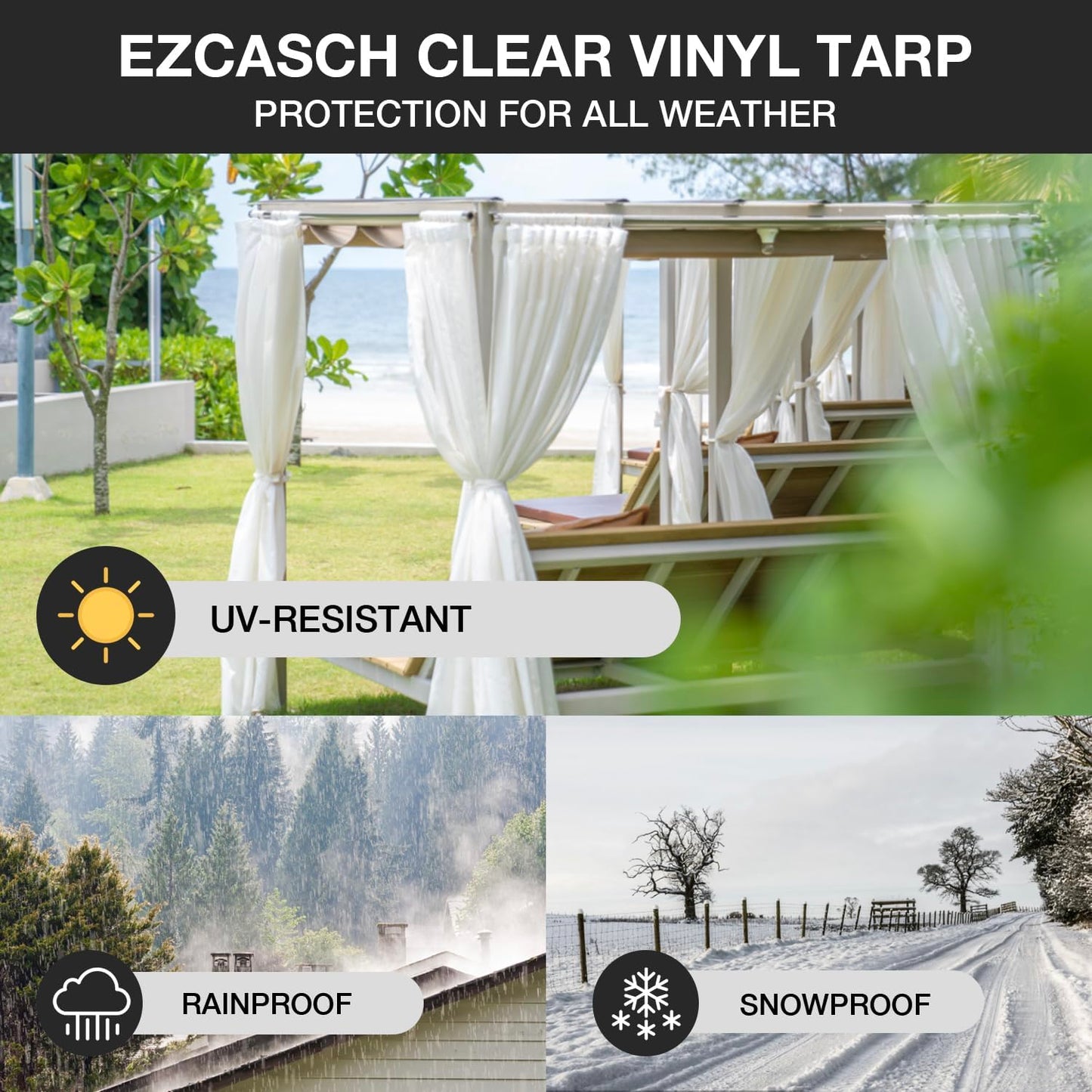 Ezcasch Clear Tarp (3' x 3'), 15 Mil Clear Vinyl PVC Tarp Waterproof Tarpaulin 100% Transparent PVC Tarps Small Cover Plastic Sheeting Window Sheets Drop Cloth（Black Edge）