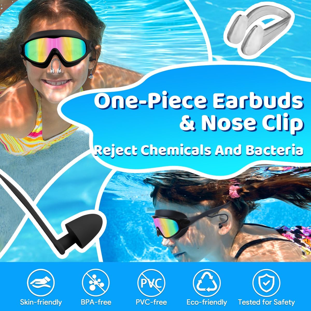 Vvinca Swim Goggles - Anti-Fog UV Protection with Earplugs & Nose Clip | Wide View for Kids Ages 3-15