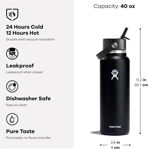 Hydro Flask Water Bottle - Insulated Stainless Steel - 40 Oz Oat Tan with Wide Straw Lid & Leakproof Design