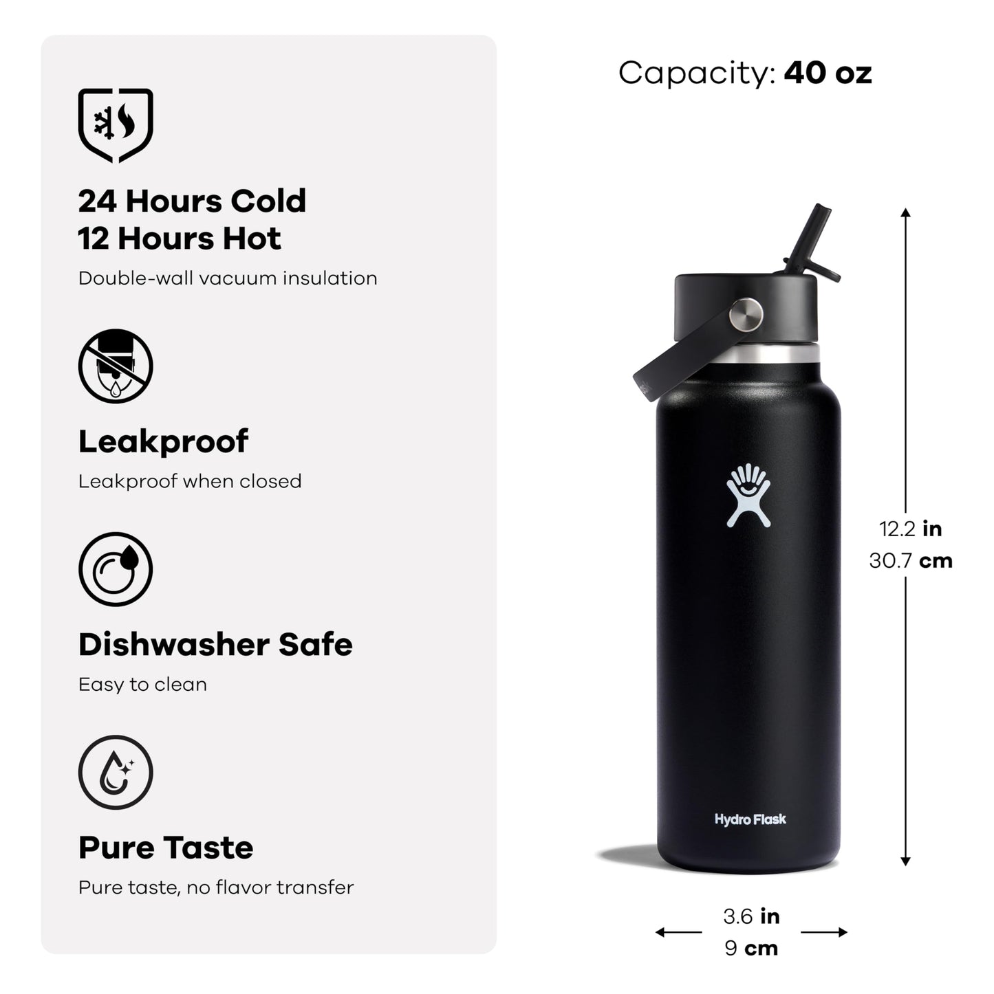 Hydro Flask Water Bottle - Insulated Stainless Steel - Wide Mouth Flex Straw Lid, Non Spill, Leakproof and Refillable in 40 Oz Tonal Birch