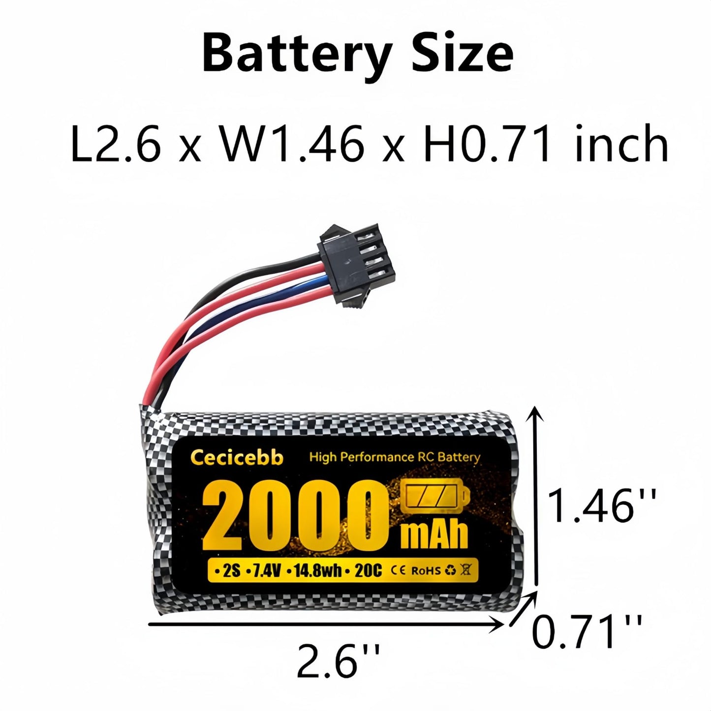 Cecicebb Airsoft Battery 2000mAh 7.4V Li-ion Battery with SM-4P Plug Fit for Airsoft Gun 2 Pack with USB Charger Cable