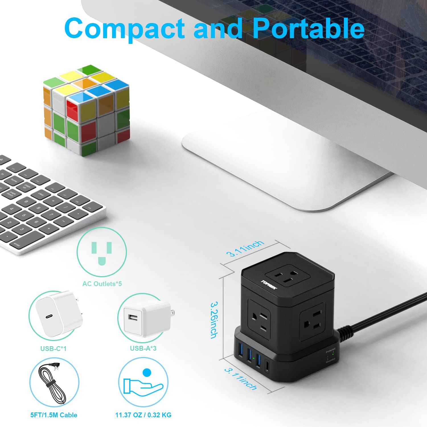 TOPREK Power Strip with USB, USB C (3.0A) Power Strip with 5 Outlets, 1 USB-C & 3 USB-A, 5 FT Flat Extension Cord with Ultra Thin Flat Plug, Surge Protector Compact for Home Office, Dorm, Hotel Travel