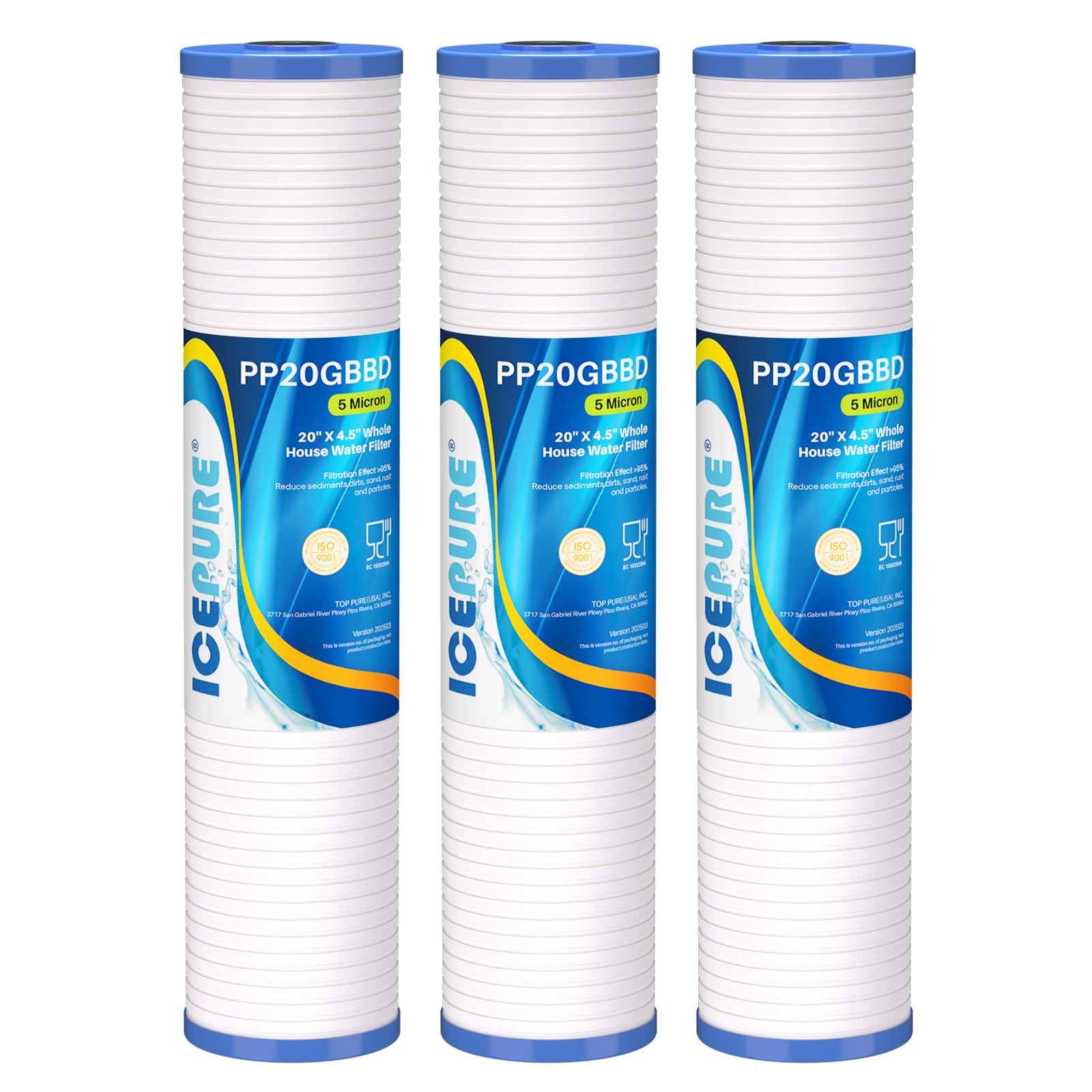 ICEPURE 5 Micron 20" x 4.5" Whole House Grooved Sediment Water Filter Cartridge Replacement for AP810-2, DGD-5005-20, CFDGD2501-20BB, SDC-45-2005, RS18-20, 3Pack
