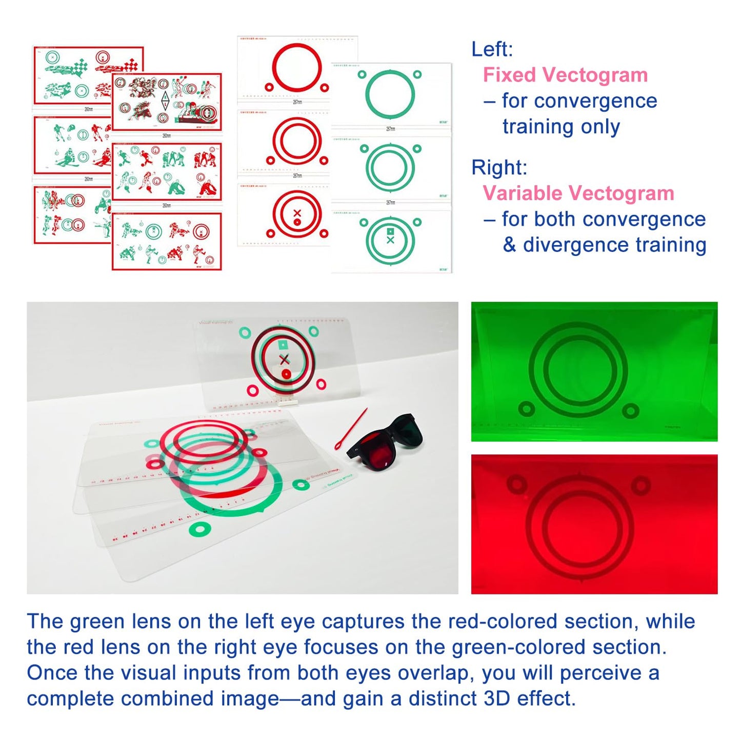 LAIDOLAILA Vision Training Convergence & Divergence Kit – 6 Red Green Variable Fusion Cards with Red Green Glasses, Pointer and Stand – Binocular Exercise & Stereopsis Practice for Home Use