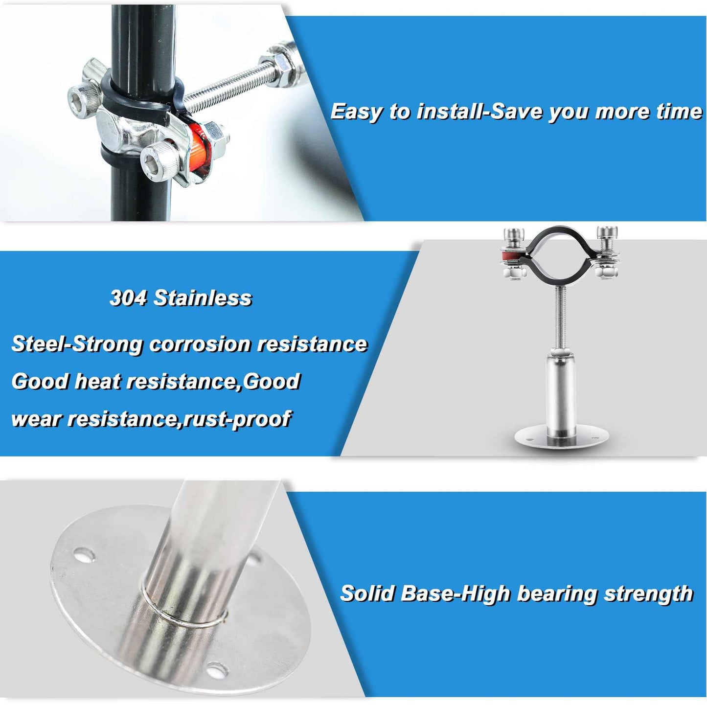 PEROMI 2 Pack Pipe Supports,304 Stainless Steel Wall Mount Ceiling Mount Pipe Bracket Clamp Ring Hanger with Screws for Pipe OD 15-19mm, Bracket Adjustable Height 100-200mm