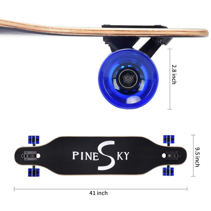 PINESKY 41 Inch Longboard Skateboard 9 Ply Natural Maple Complete Skateboard Cruiser for Cruising, Carving, Free-Style and Downhill with T-Tool Blue Sky