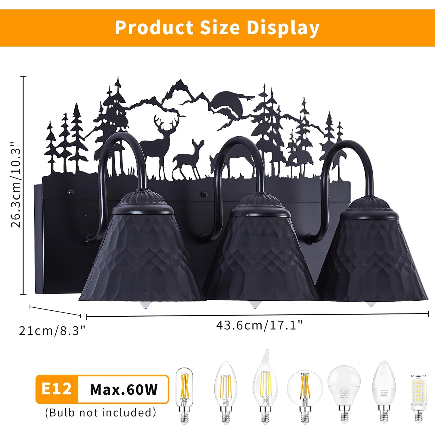 Rustic 3-Light Black Vanity Light Fixtures with Deer Design, E12 Base Farmhouse Bathroom Lighting for Mirror, Cabinet, or Dressing Table (Small, Bulb Not Included)