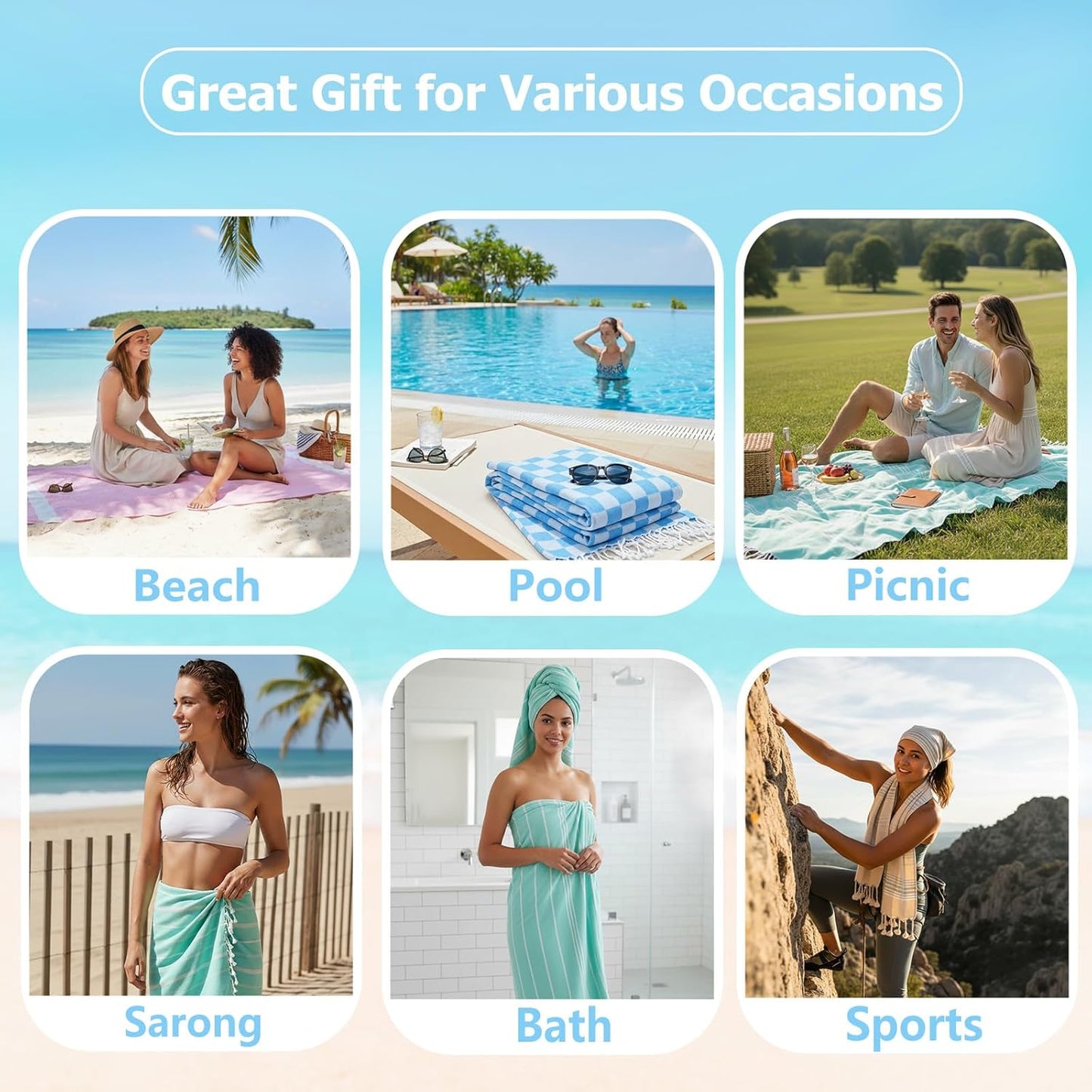 Skiennix Oversized XL Cotton Turkish Beach Towels - Lightweight, Quick-Dry, Sand-Free | 4-Pack Travel Set