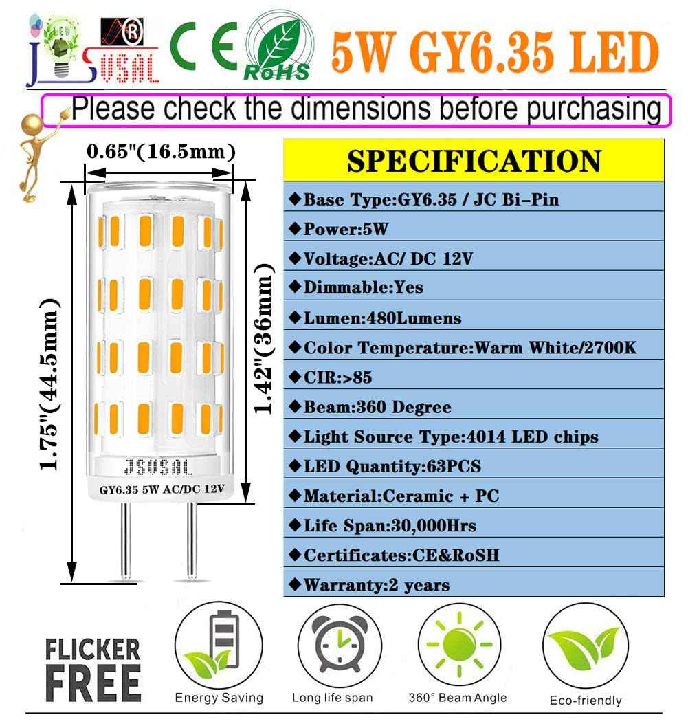 JSVSAL GY6.35 LED Bulb Dimmable,T4 JC Type GY6.35/G6.35 Bi-pin Base,AC/DC 12V Warm White 2700K 5W Equivalent to 40-50W Halogen Bulb for Pendant Light,Chandelier,Desk Light,Landscape Lighting,6-Pack