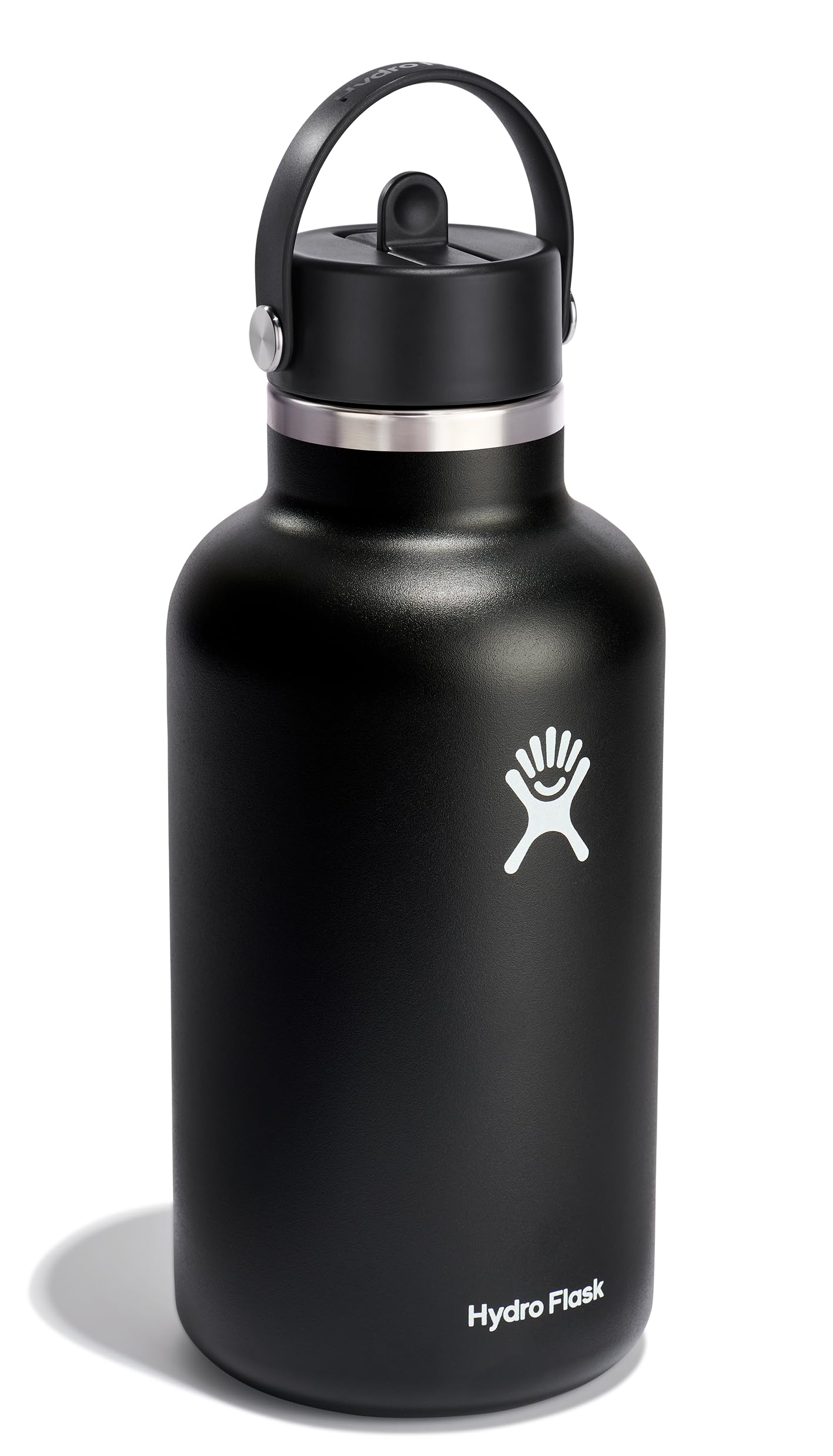 Hydro Flask Water Bottle - Insulated Stainless Steel - Wide Mouth Flex Straw Lid, Non Spill, Leakproof and Refillable in 64 Oz Black