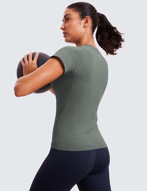 CRZ YOGA Seamless Workout Tops for Women - Breathable Short Sleeve Athletic Tees | Hip Length Gym & Yoga Shirts