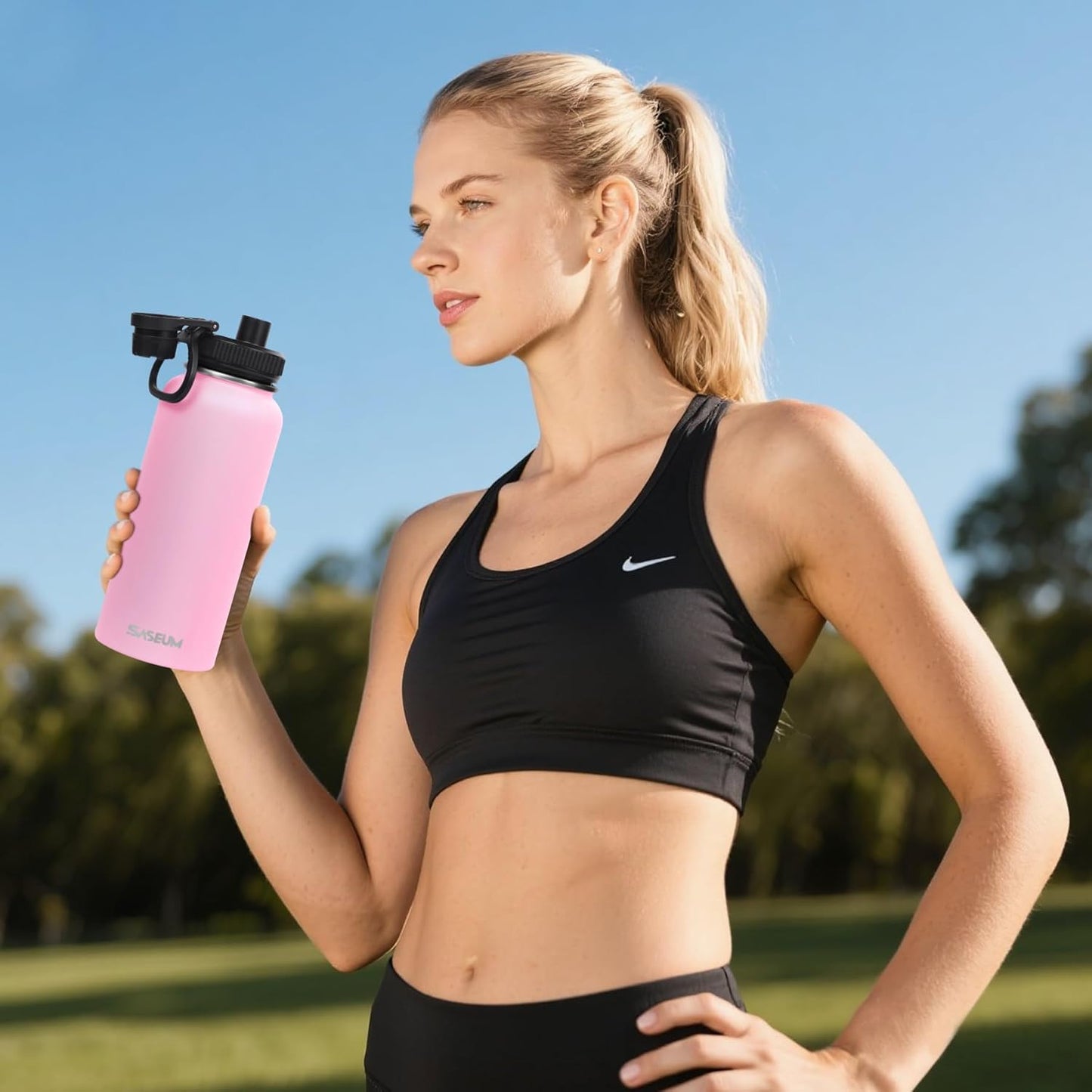 SASEUM 32oz Stainless Steel Sport Water Bottle - Double Wall Insulated Mug with Leak-Proof Lid | Pink