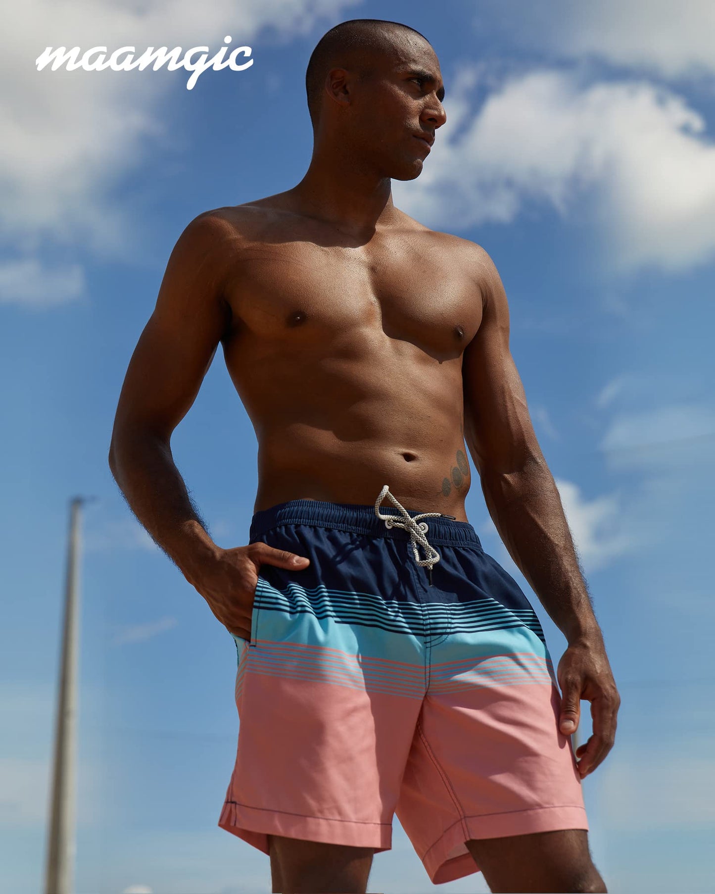 maamgic Mens Swim Trunks Quick Dry Swim Shorts with Mesh Lining Funny Swimwear Bathing Suits 7inch Blue Pink Striped Horizontal XX-Large