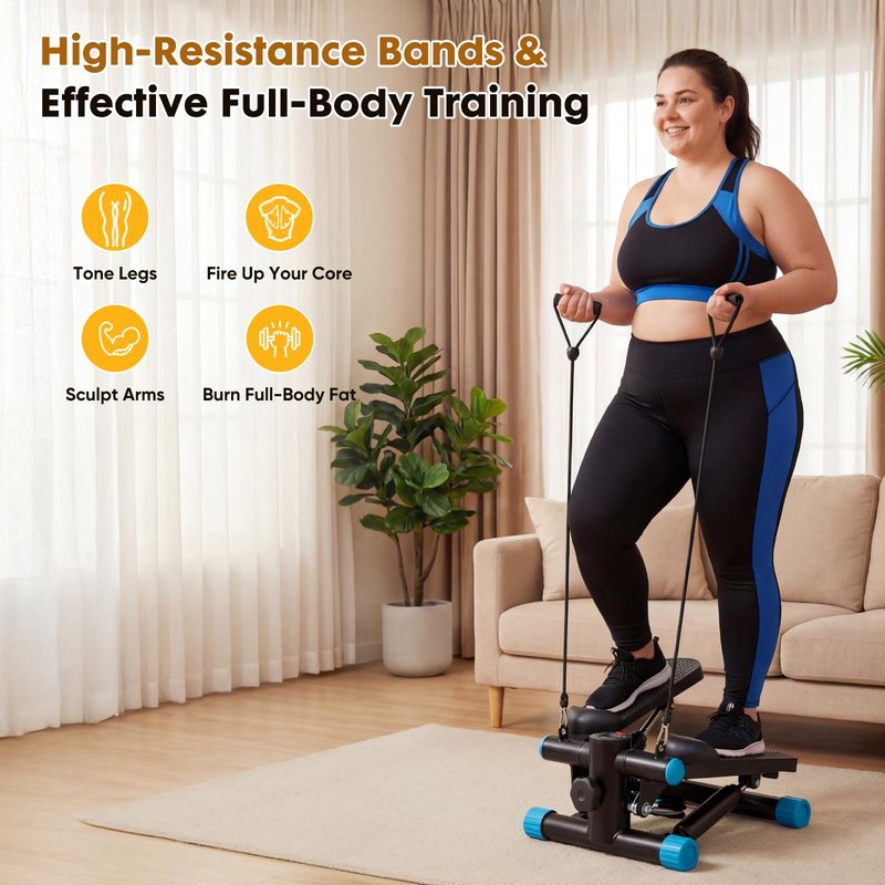 NEWBULIG Stair Steppers for Exercise at Home, Mini Stepper Machine with Resistance Bands and LCD Monitor, Workout Equipment for Full Body, 300lb Weight Capacity, Bright Sliver