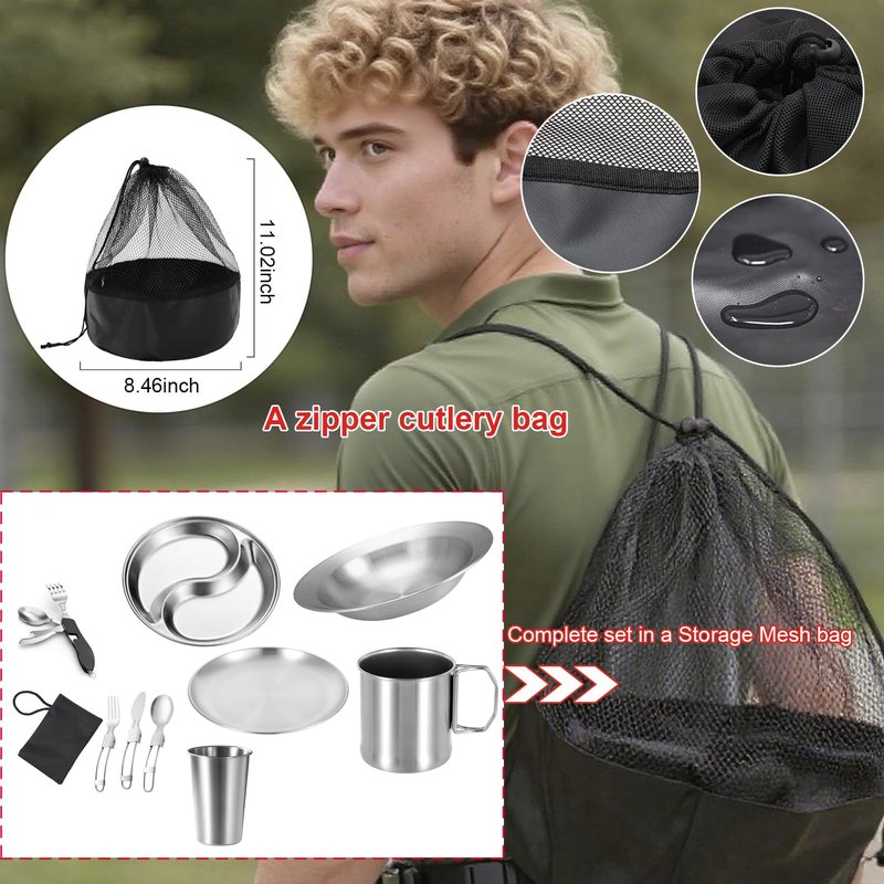 Mess Kit for Camping 1 Person, Reusable Camping Dish Set, Stainless Steel Camping Plates, Camping Dish Set with Mesh Bag Easy to Carry or Put in Backpack