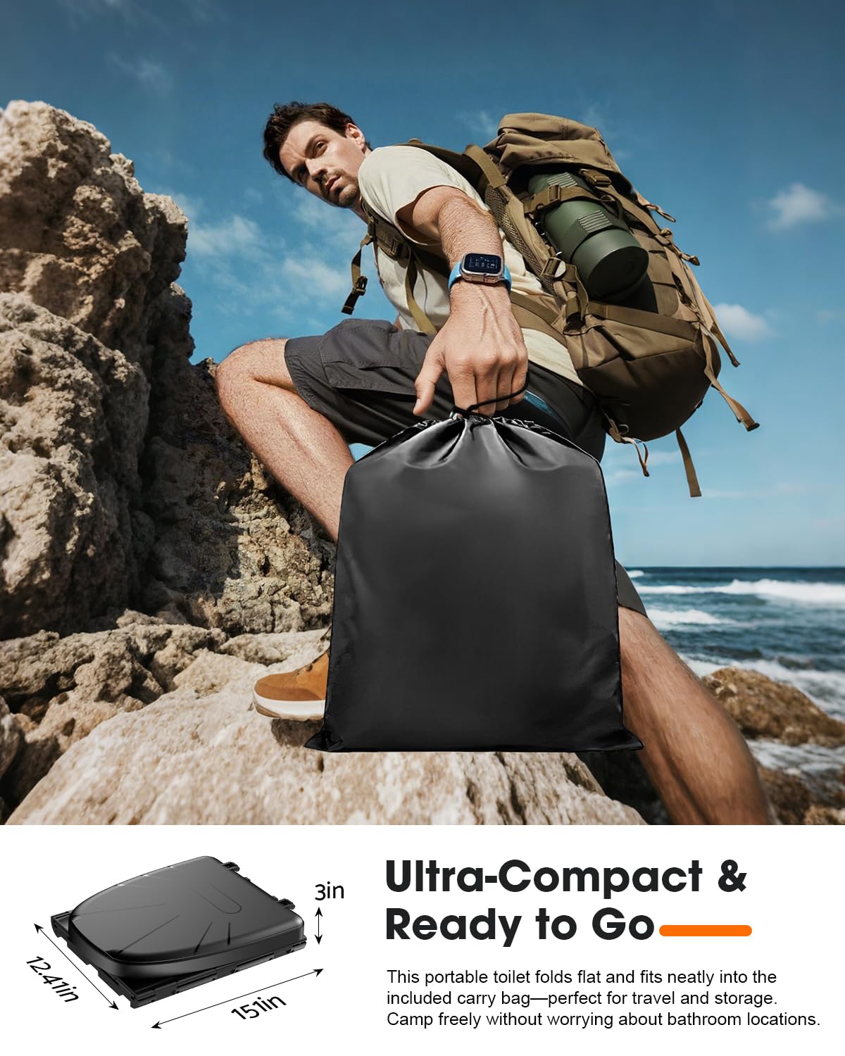 New Upgraded 15'' XL Portable Toilet for Adults, Camping Toilet Tested 500 LBS With Lid & Removable Paper Holder, Portable Potty for Truck Drivers, Camping, RV, Hiking, Car, Tent, Beach, Emergencies