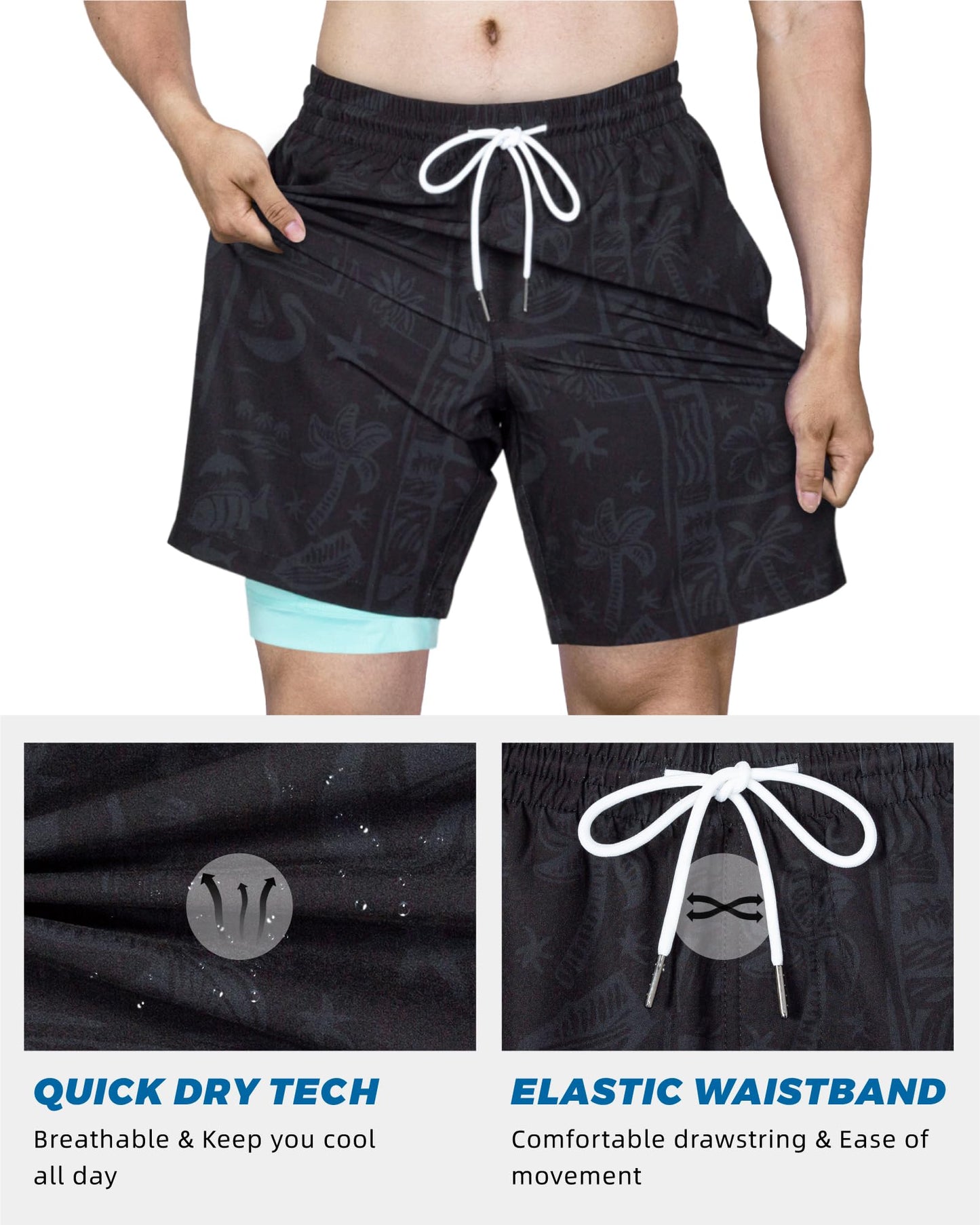 SURF CUZ Mens Swim Trunks with Compression Liner Quick Dry Swim Shorts 7" Swimming Trunks Stretch Zipper Pockets,Cool Coast,XS