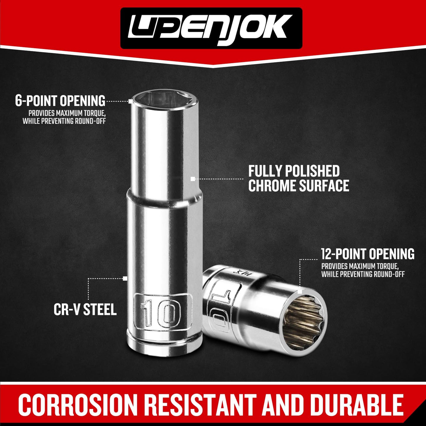 Upenjok 6PCS 3/8" Drive 10mm Socket Set, Deep & Shallow, Mirror Finish, Cr-V Steel