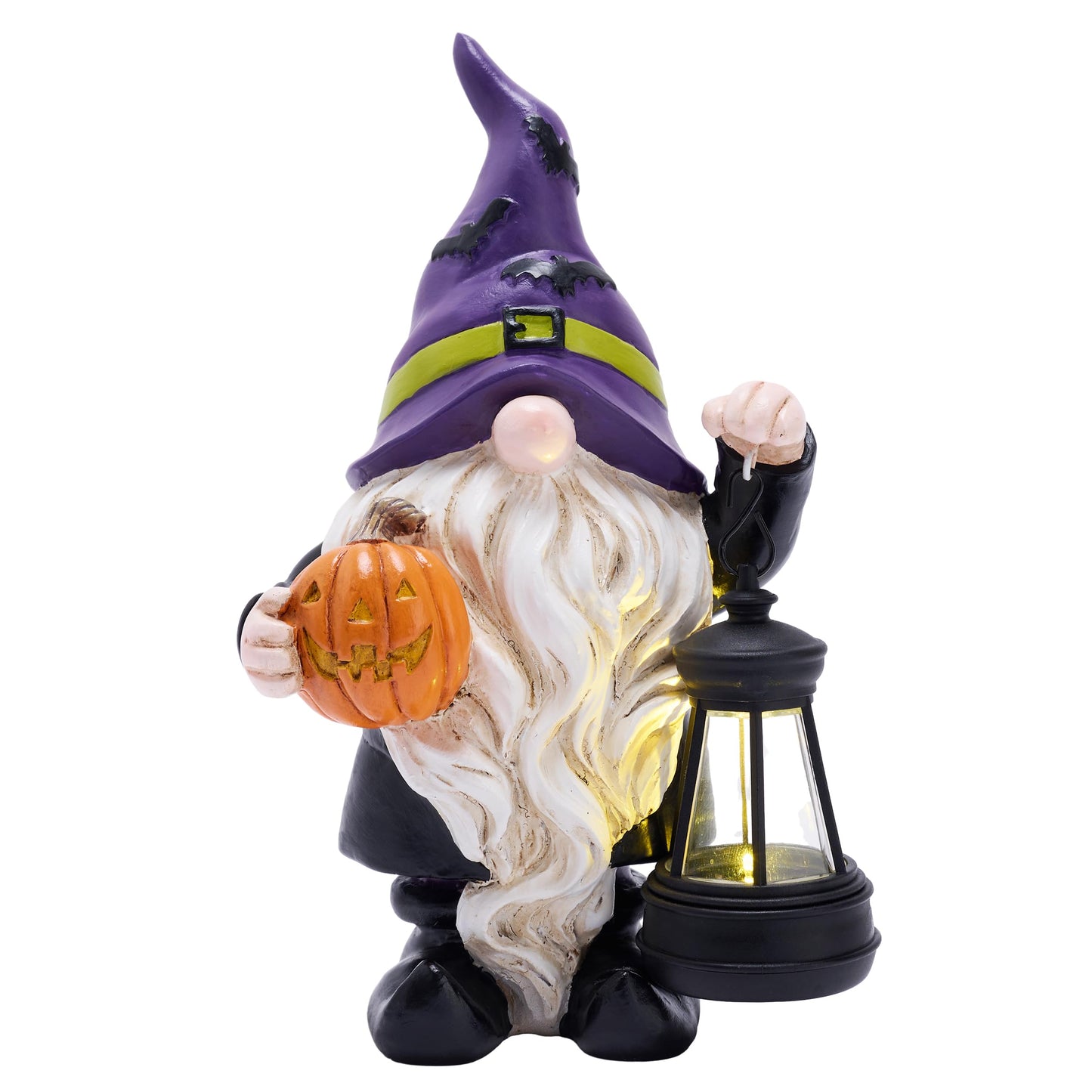 TERESA'S COLLECTIONS Halloween Decorations Garden Gnomes Statues with Solar Lights,Cute Purple Bat Hat Resin Decor with Lantern for Home,Table,Outdoor,Yard,Pumpkin Jack-o-Lanterns,Gifts for Party,8"