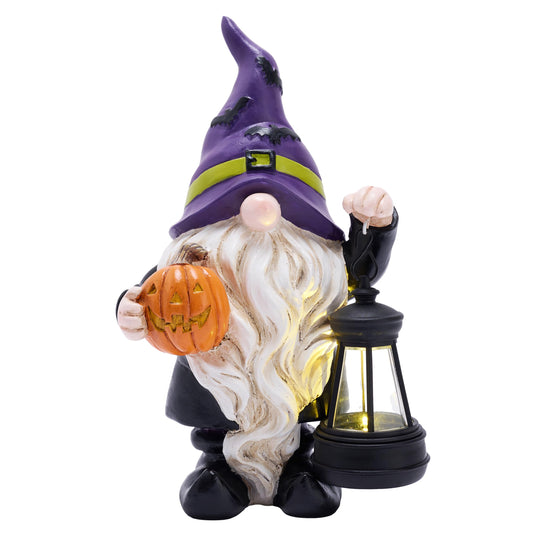 TERESA'S COLLECTIONS Halloween Decorations Garden Gnomes Statues with Solar Lights,Cute Purple Bat Hat Resin Decor with Lantern for Home,Table,Outdoor,Yard,Pumpkin Jack-o-Lanterns,Gifts for Party,8"