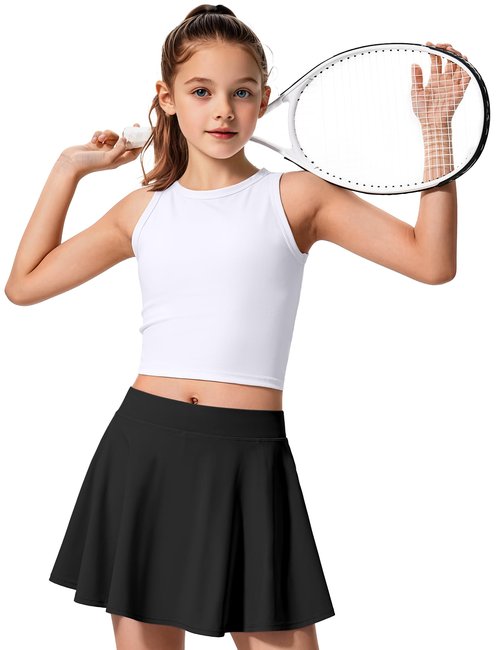 JOCMIC Girls Tennis Skirt with Pockets Athletic Skort Inner Shorts for Golf Running Sports Black 9-10 Years