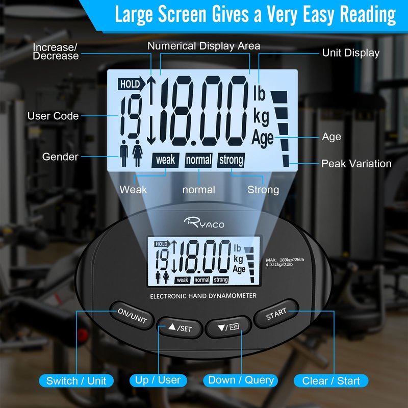 Ryaco Grip Strength Tester, 396lbs/180kg Rechargeable Exerciser Meter Digital Hand Dynamometer Grip Strength Trainer Electronic Hand Grip Strengthener with LCD Display for Sport Home School Use