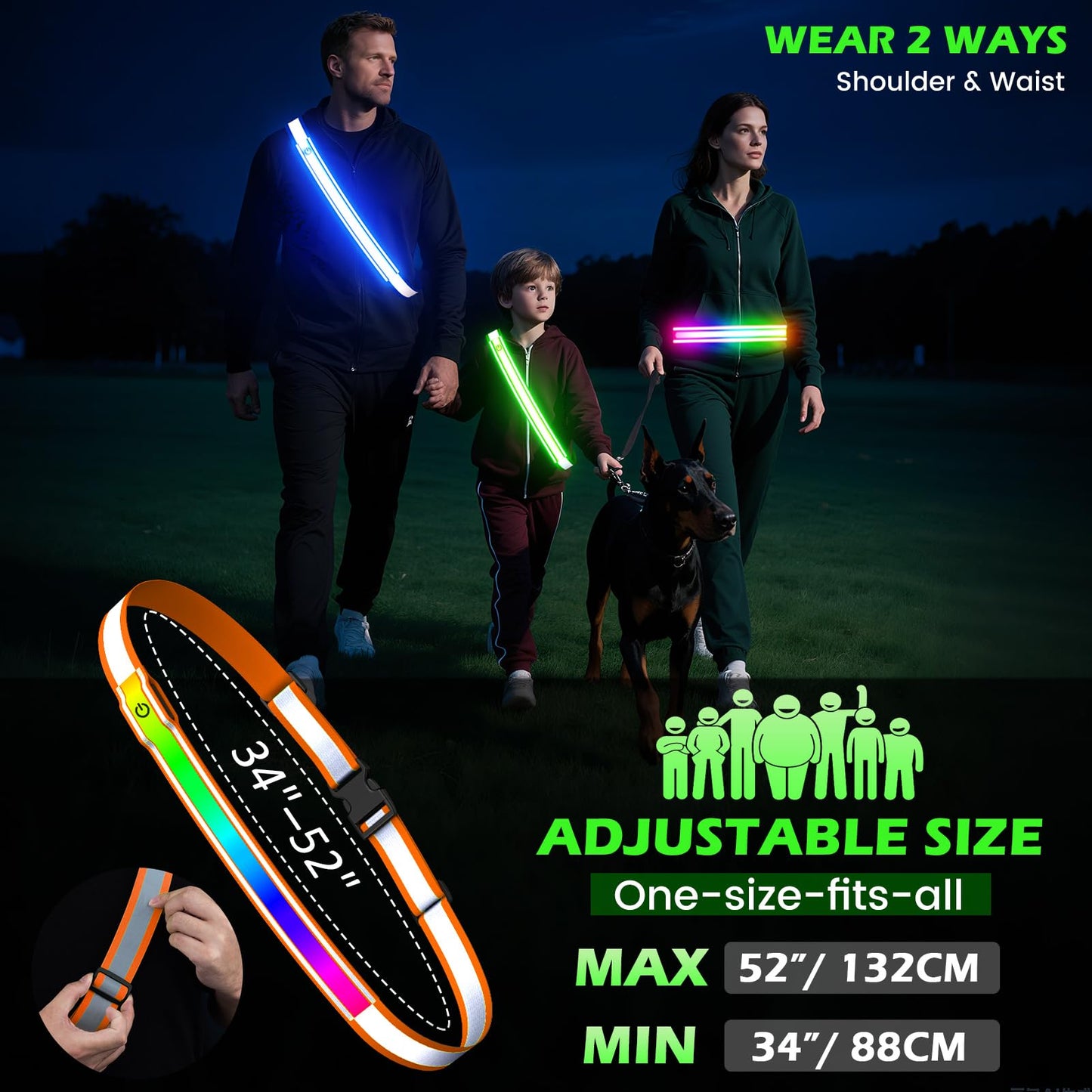Reflective Sash Gear for Walking at Night,Flashing LED Reflective Belt Safety Lights for Walkers Night Dog Walking Biking Running,High Visibility Rechargeable With Wear 2 Ways for Men Women (Orange)