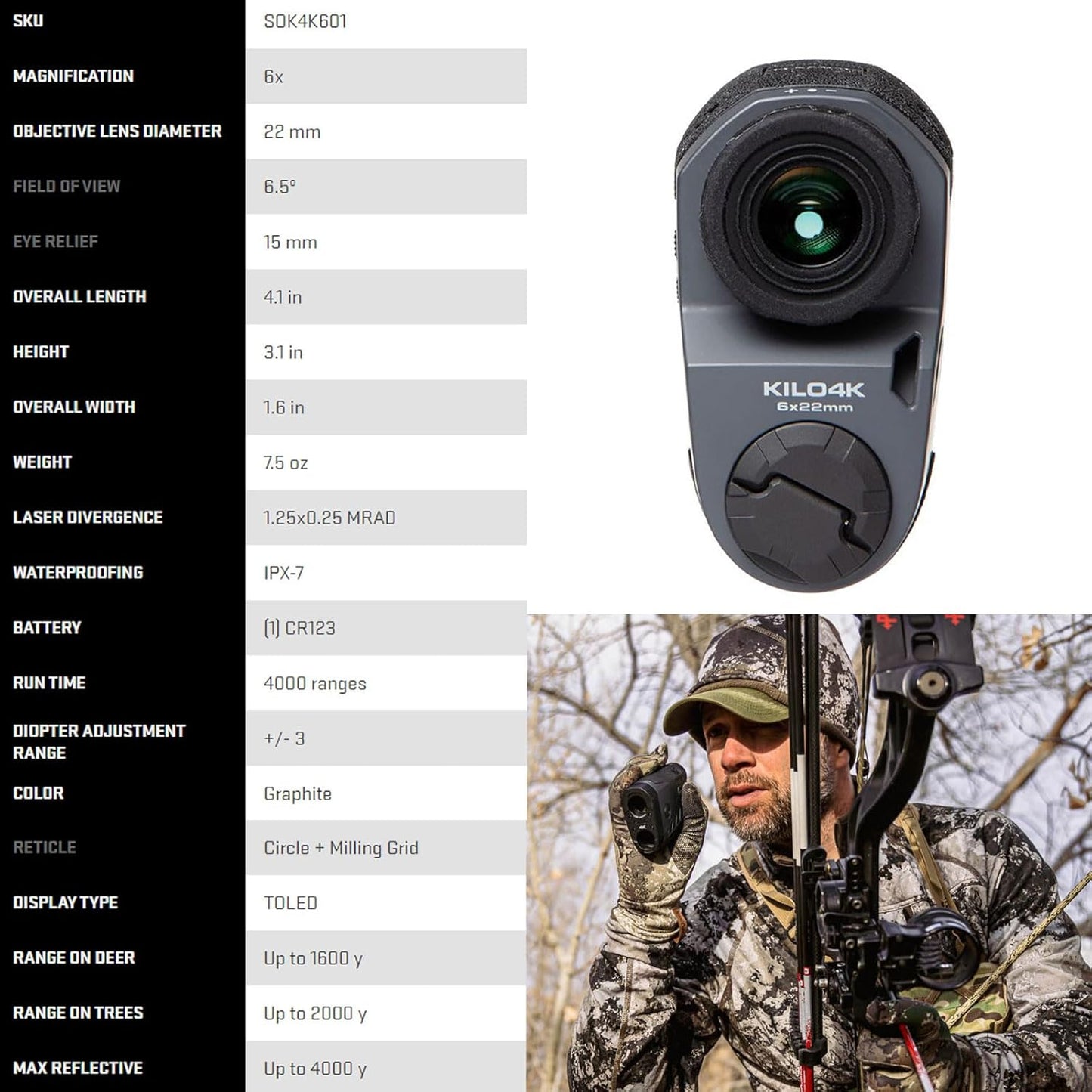 Sig Sauer KILO4K Tactical Laser Rangefinder - 6x22mm, 4000 Yards, Bluetooth, High Accuracy