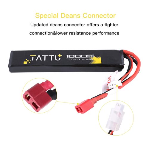 Tattu 7.4V Airsoft LiPO Battery with T Connector, 1000mAh 25C 2S Battery Pack for Airsoft Gu-ns