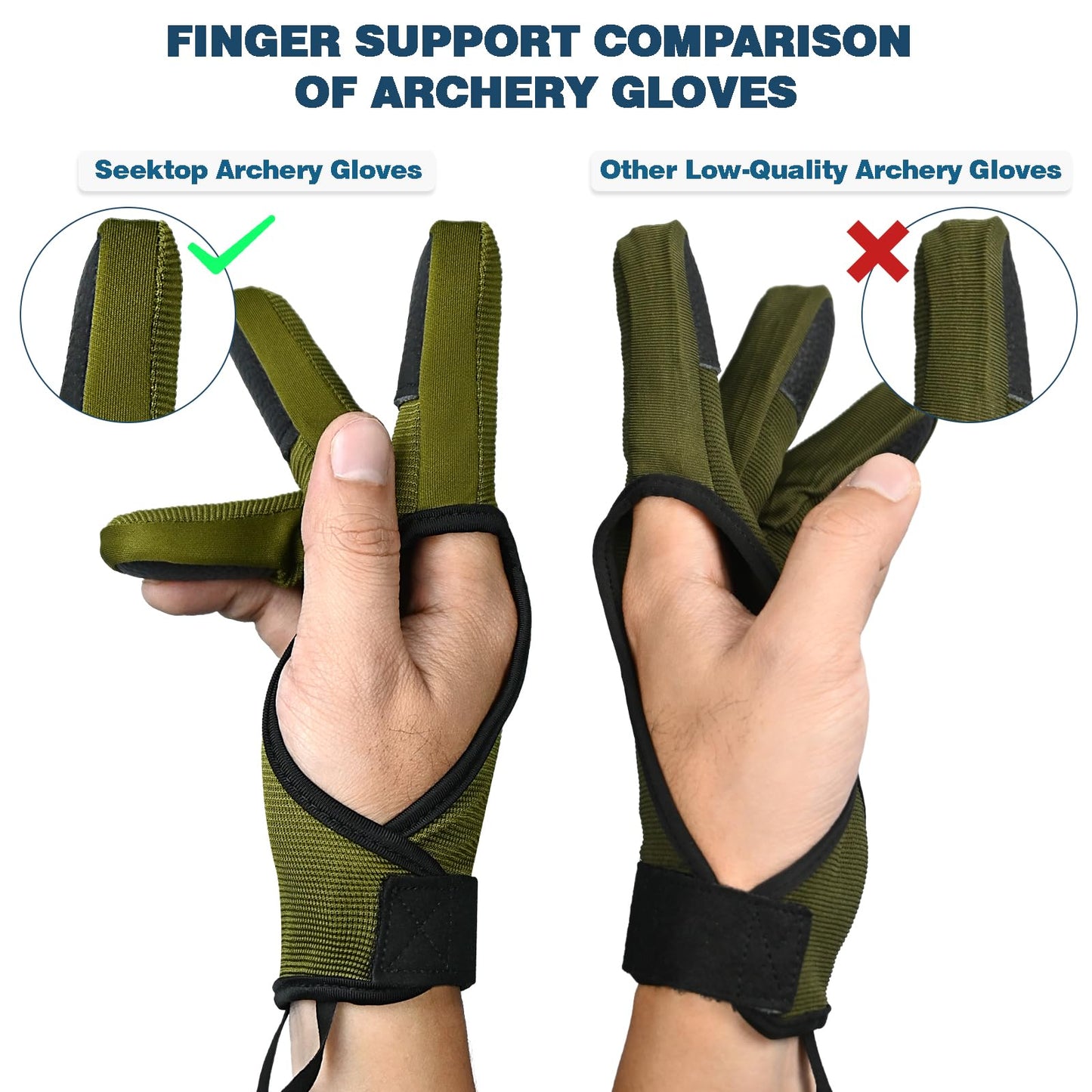 Seektop Archery Gloves Shooting Hunting Leather Three Finger Protector for Youth Adult Beginner (Green, L)