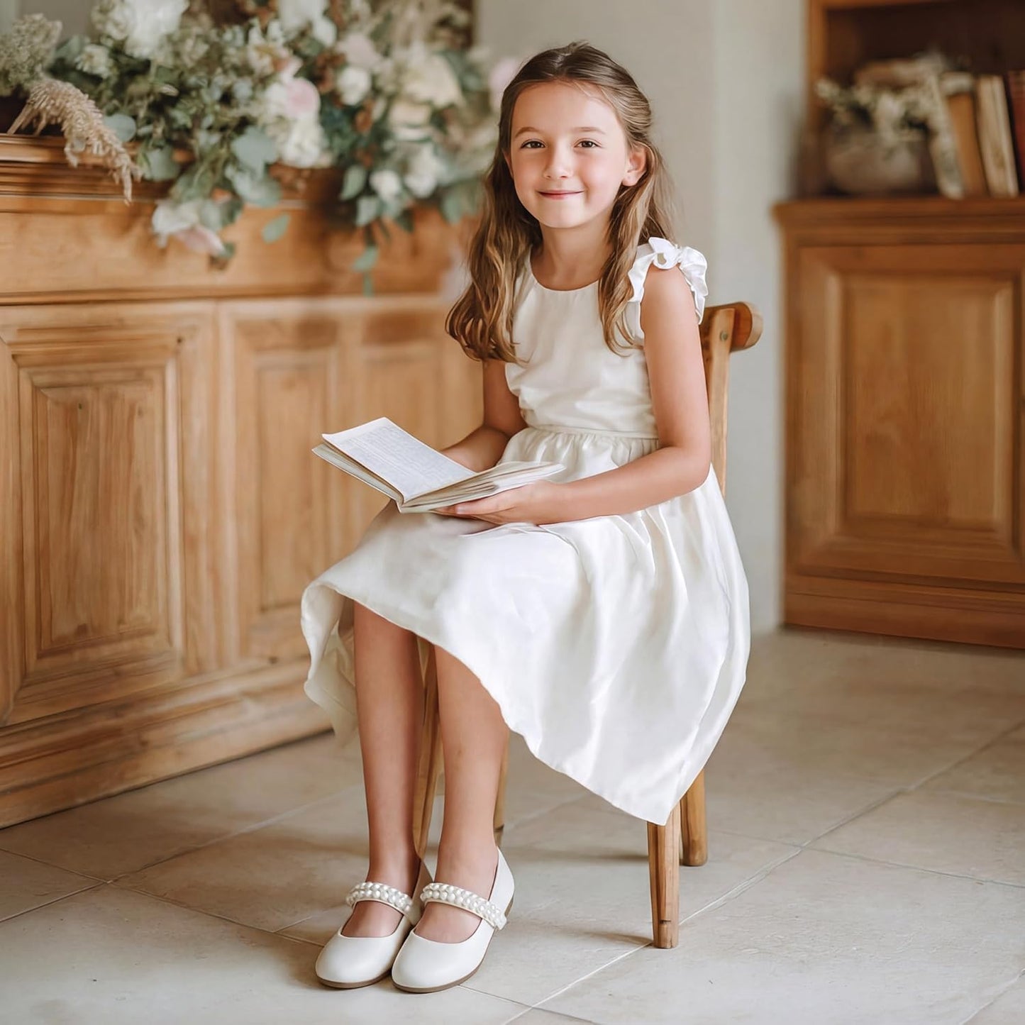 PANDANINJIA Ballet Flats for Girls - Elegant Pearl-Embellished Wedding & Party Shoes | Toddler to Little Kid Sizes