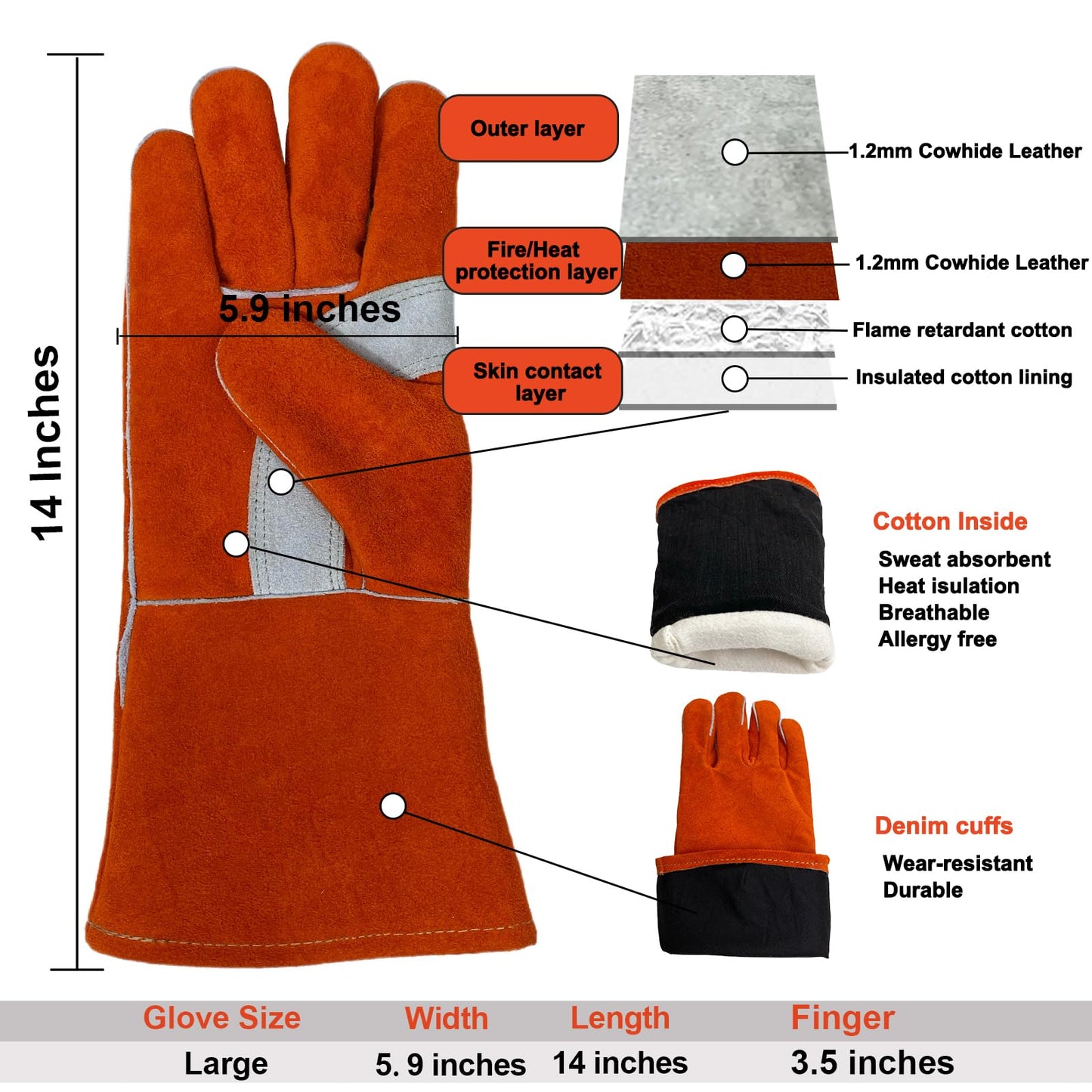 PerfeSafe Welding Gloves 14 Inches, 932℉ Heat Fire Resistant Leather Welding Gloves for Tig/Mig/Stick, Mitts for BBQ/Oven/Grill/Fireplace/Furnace/Stove/Animal Handling Gloves with Soft Lining (Red)