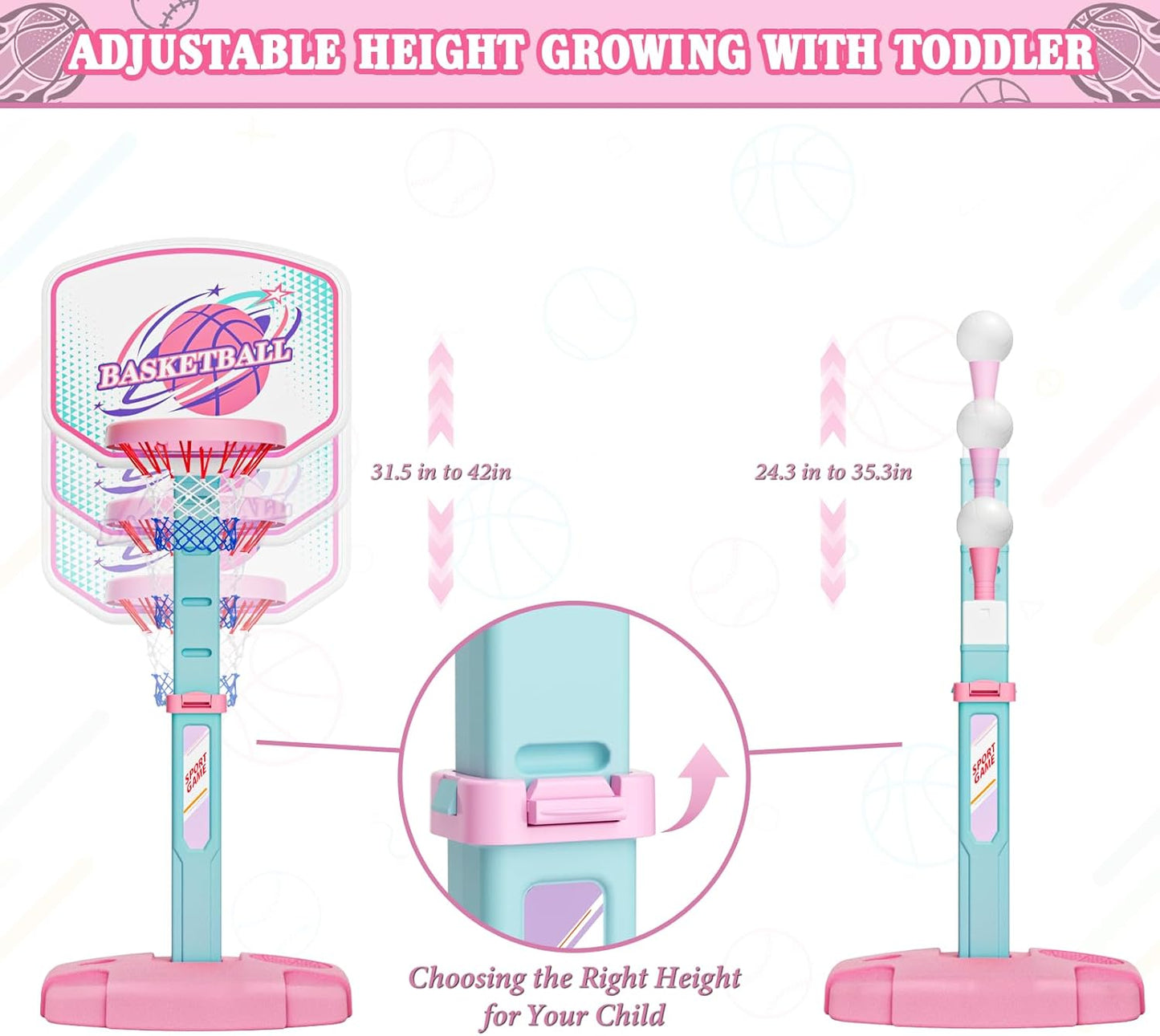 Skiennix 3-in-1 Basketball Hoop & Tee Ball Set - Adjustable Height, Automatic Pitching Machine | Pink, Indoor/Outdoor Sports Toy for Kids Ages 1-8