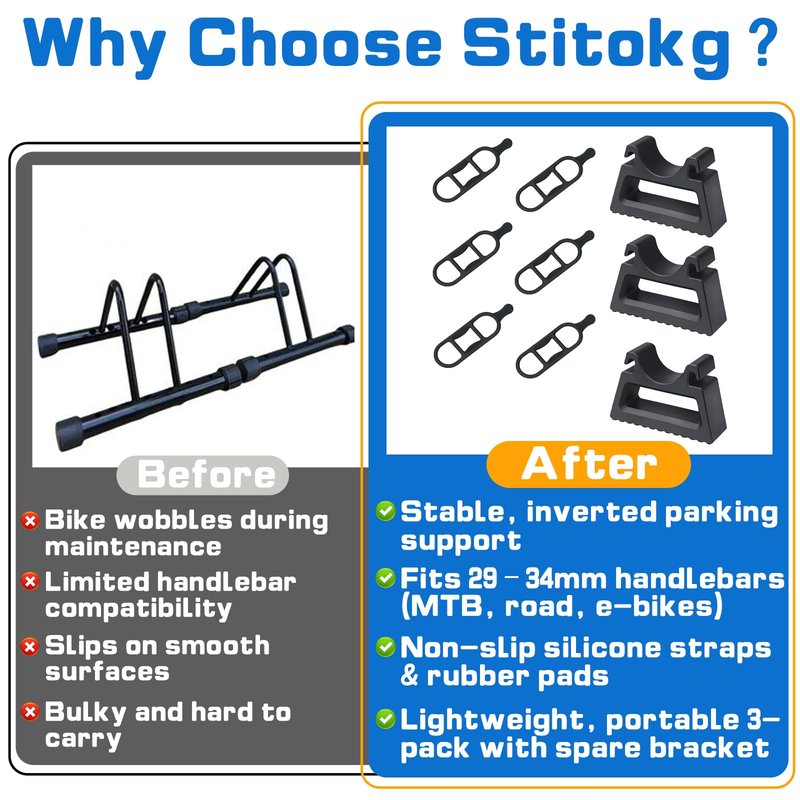 Stitokg (3-Pack) Bike Handlebar Stand with 6 Silicone Straps, Quick-Release Bracket for 29–34mm Grips, Stable Clip-On Support for Inverted Parking & Bike Maintenance, MTB Road & E-Bike Repair Tool