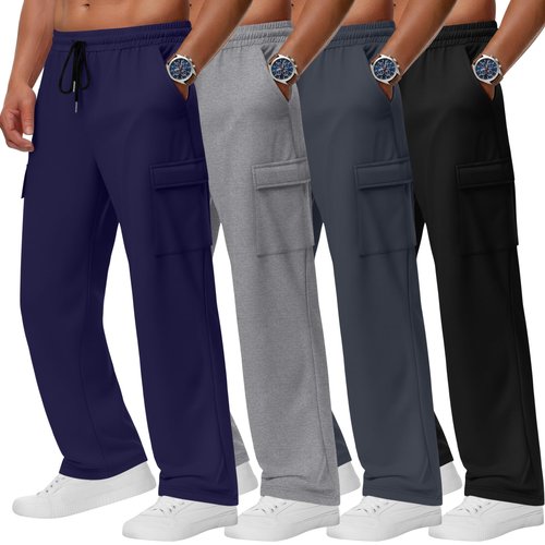August Alley 4 Pack Men's Cargo Sweatpants Straight Leg Open Bottom Baggy Joggers Pockets Drawstring Lightweight Lounge Pants(Black, Charcoal Black, Light Mixed Gray, Navy Blue,Large)