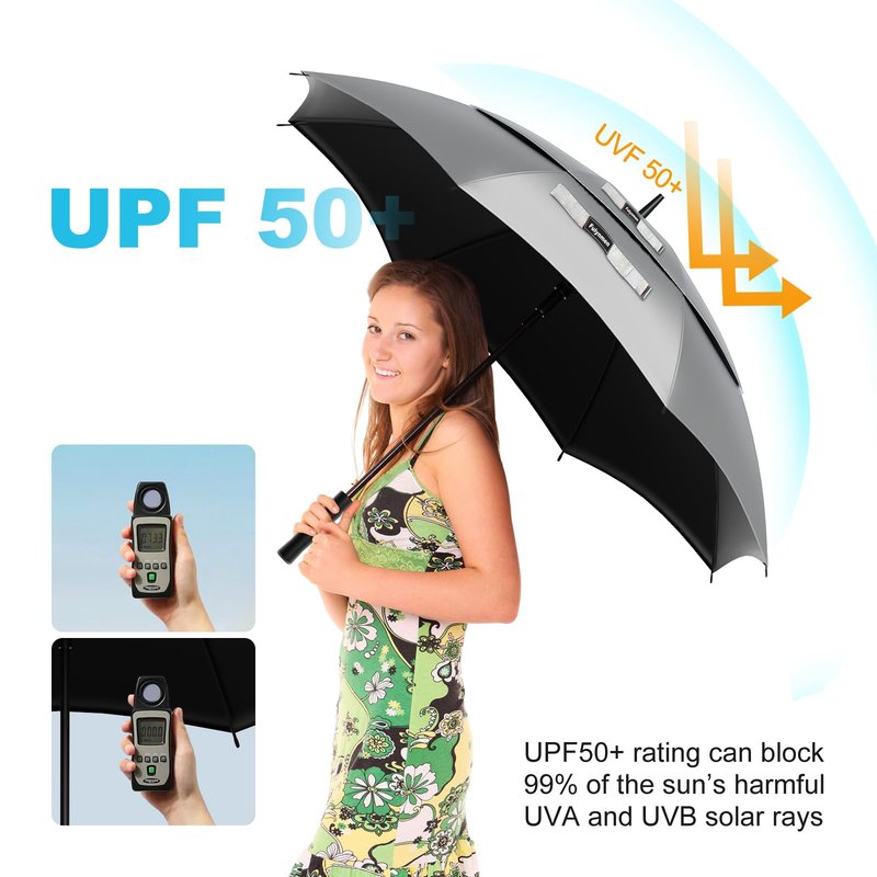 Fulynmen 68/62/54 Inch UPF50+ Sun Umbrella UV Protection UV Umbrellas for Sun Protections Windproof Large Golf Umbrella Auto Open and Vented Double Canopy Umbrellas for Rain (Silver/Black, 62 Inches)