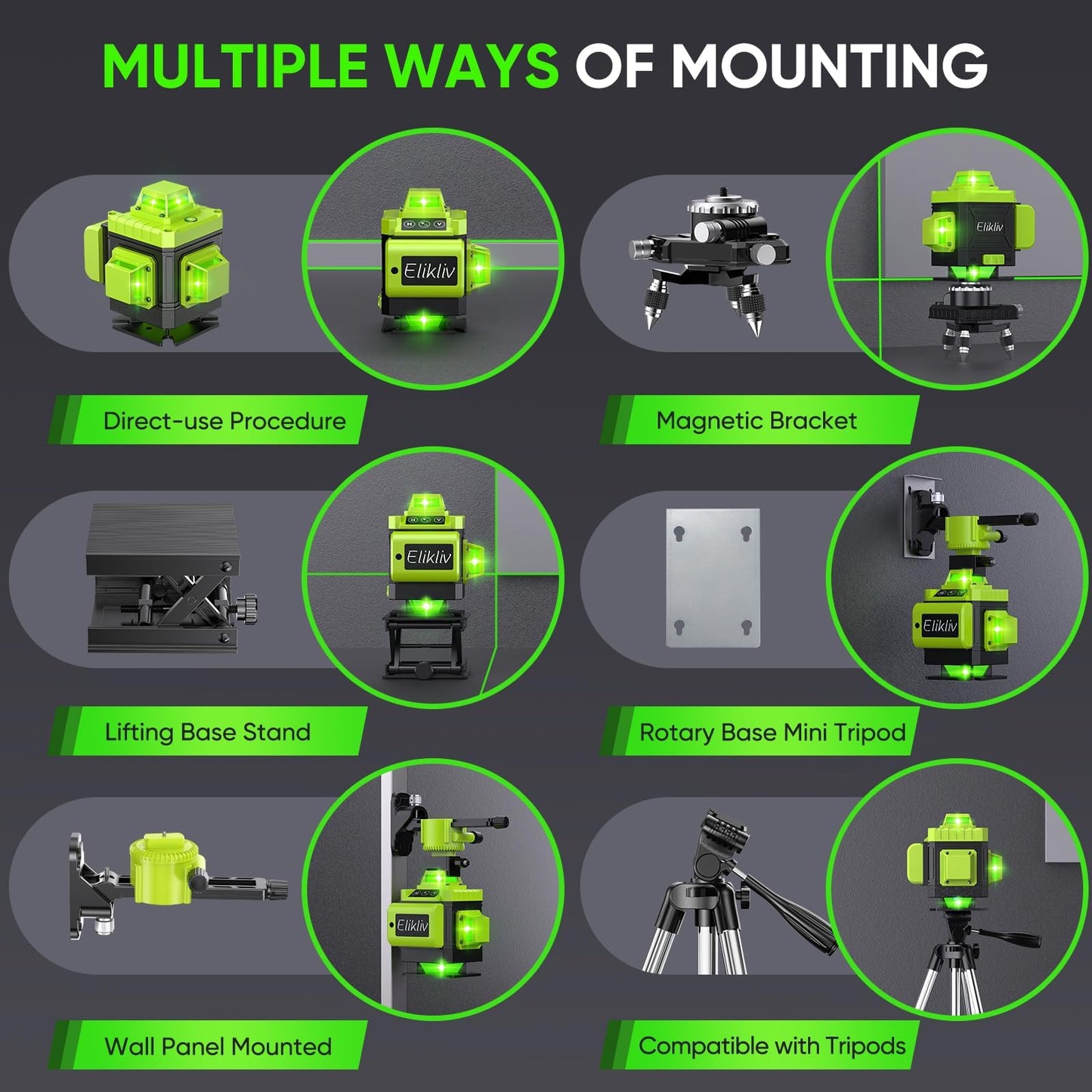 Laser Level Self Leveling - Elikliv 200ft Robust Indoors 4D Green Cross Line Laser Level 4x360 Horizontal Vertical Dual-beam Lasers for DIY or Professional Job Site Integrated Bracket Included