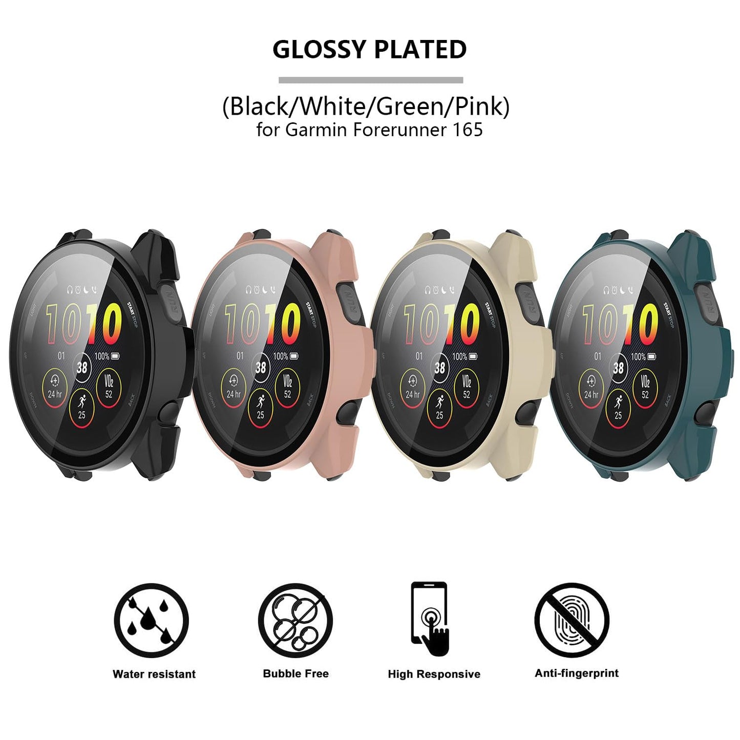 [4-Pack] Case with Tempered Glass Screen Protector Compatible with Garmin Forerunner 165, Bumper Full Coverage Protective Hard PC Cases Face Cover for Garmin 165