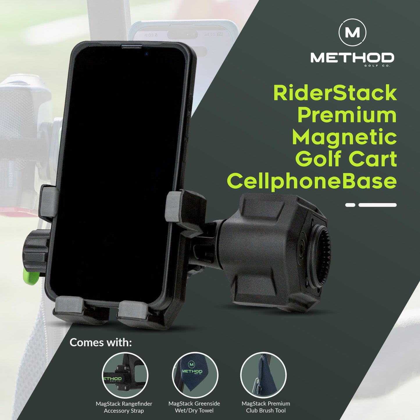 Method Golf RiderStack Magnetic Golf Cart Phone Holder – Heavy Duty Magnet Mount for iPhones & Android with Magnetic Rangefinder Strap- Magnetic Phone Holder Compatible with EZGO, Club Car & Yamaha