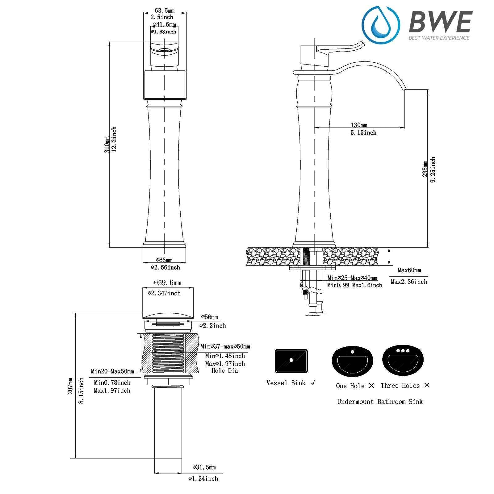 BWE Vessel Sink Faucet Oil Rubbed Bronze Farmhouse Waterfall Single Hole Bathroom Faucet with Pop Up Drain Without Overflow and Supply Line Bath Basin Single Handle Faucets Sink Lavatory Mixer Tap