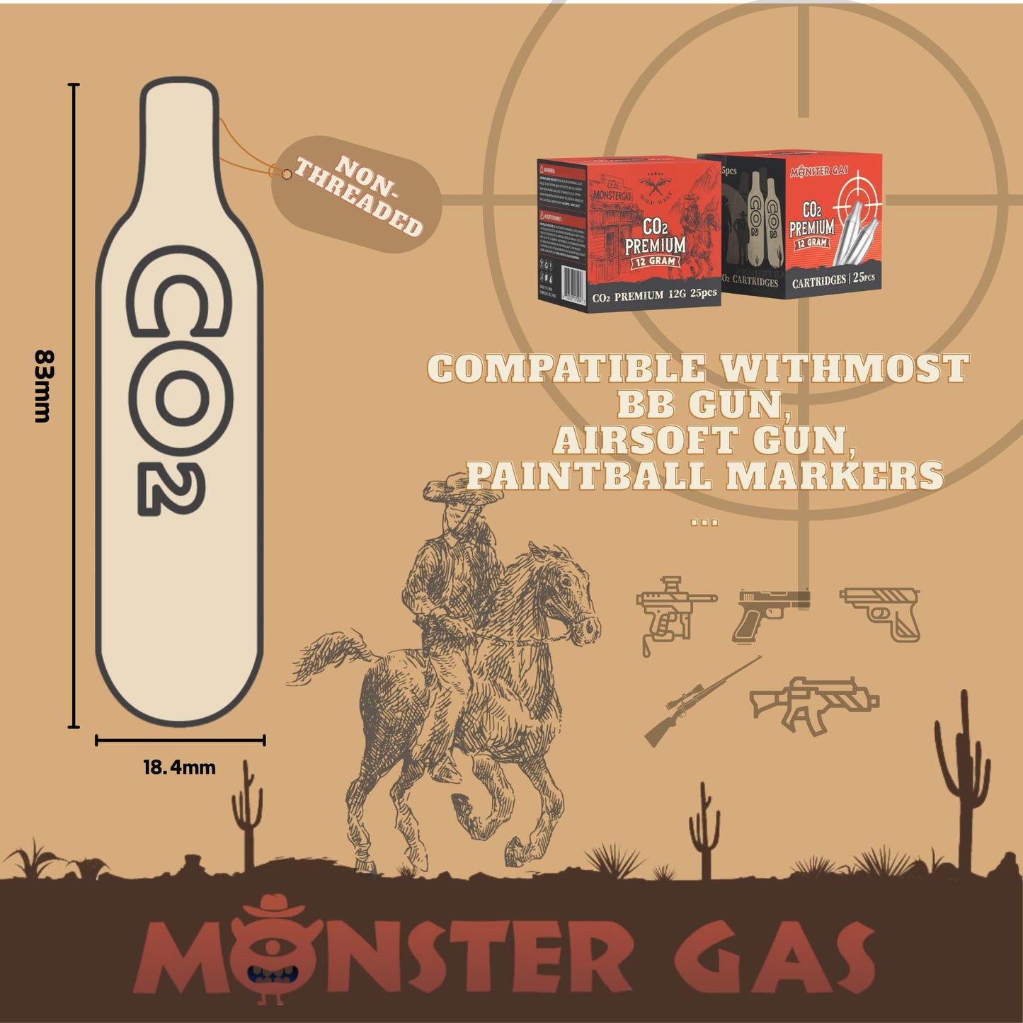 Monster Gas 12g Cartridges for Air Gun, Pepper Gun, BB Gun, Airsoft Gun, Air Pistol, Air Rifle, P2P HDP Non-Threaded Compatible(25 Count)