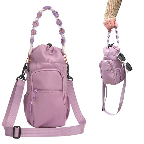 Wongeto Water Bottle Holder with Strap,25oz/40oz/64oz Water Bottle Carrier Sling Bag with Phone Pocket Crossbody Adjustable Shoulder with Hand Strap for Walking(Purple)