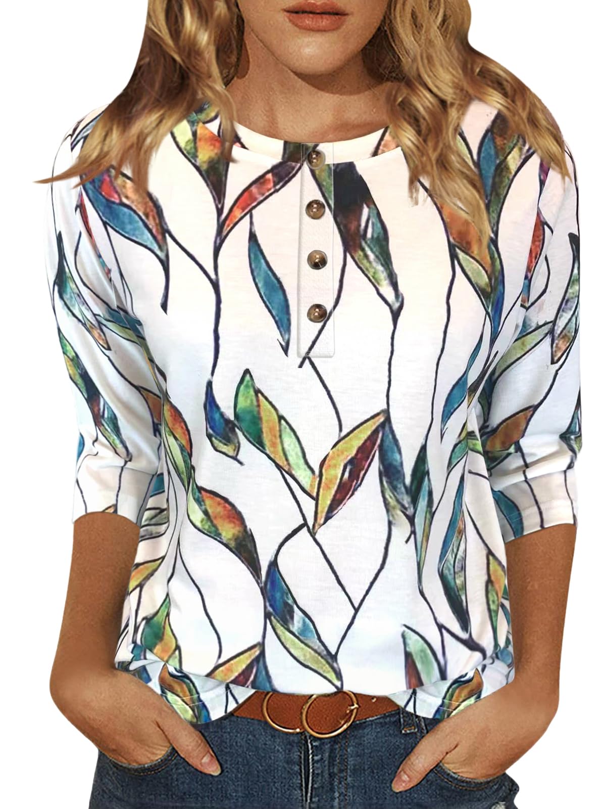 JomeDesign Womens Summer Tops 2024 Crew Neck 3/4 Sleeve T-Shirts Loose Casual Blouses