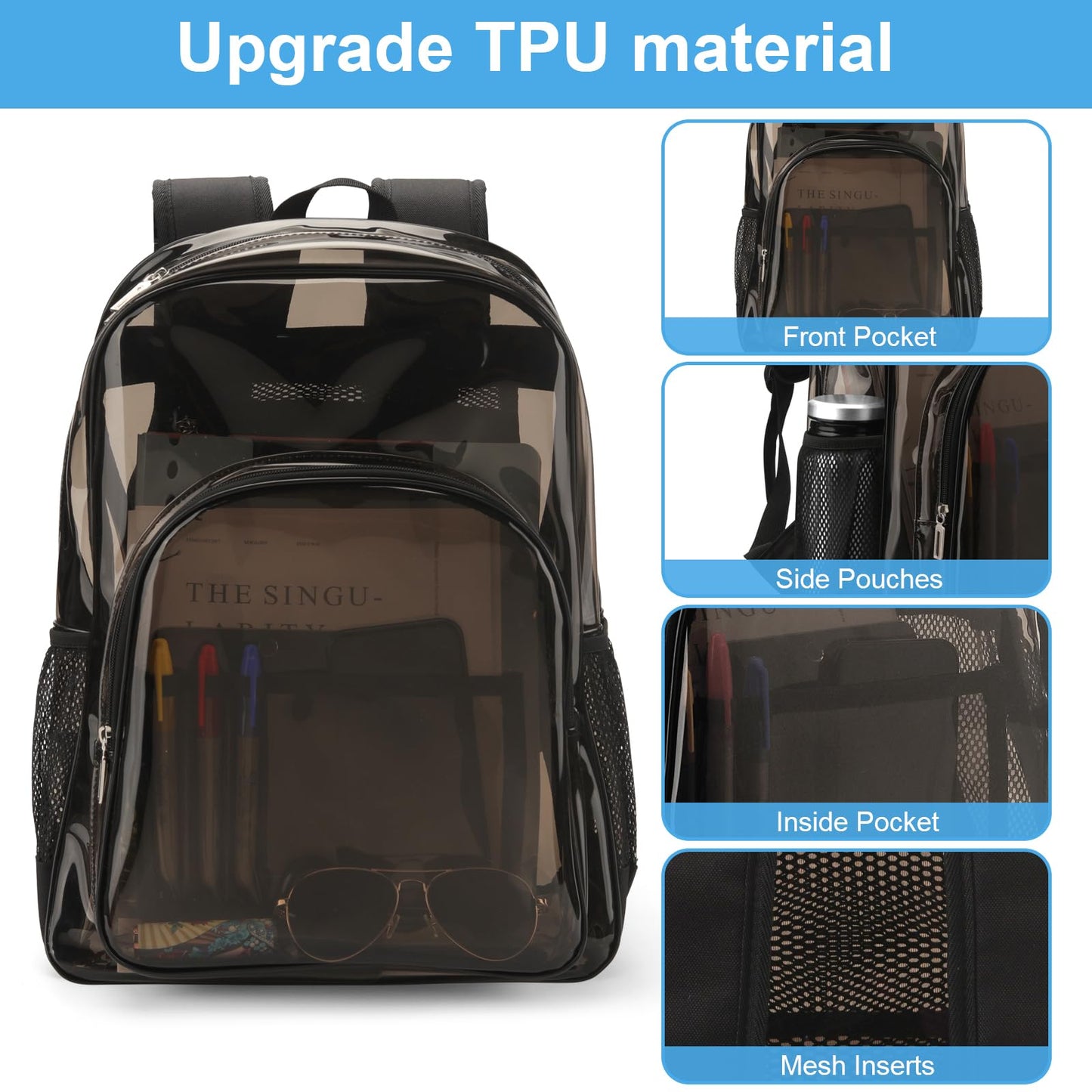 Carolipack Clear Backpack Heavy Duty For Work XL.TPU Transparent Backpacks for College,Travel,Sporting (Black) - H17.7x''14.1''x6.8'