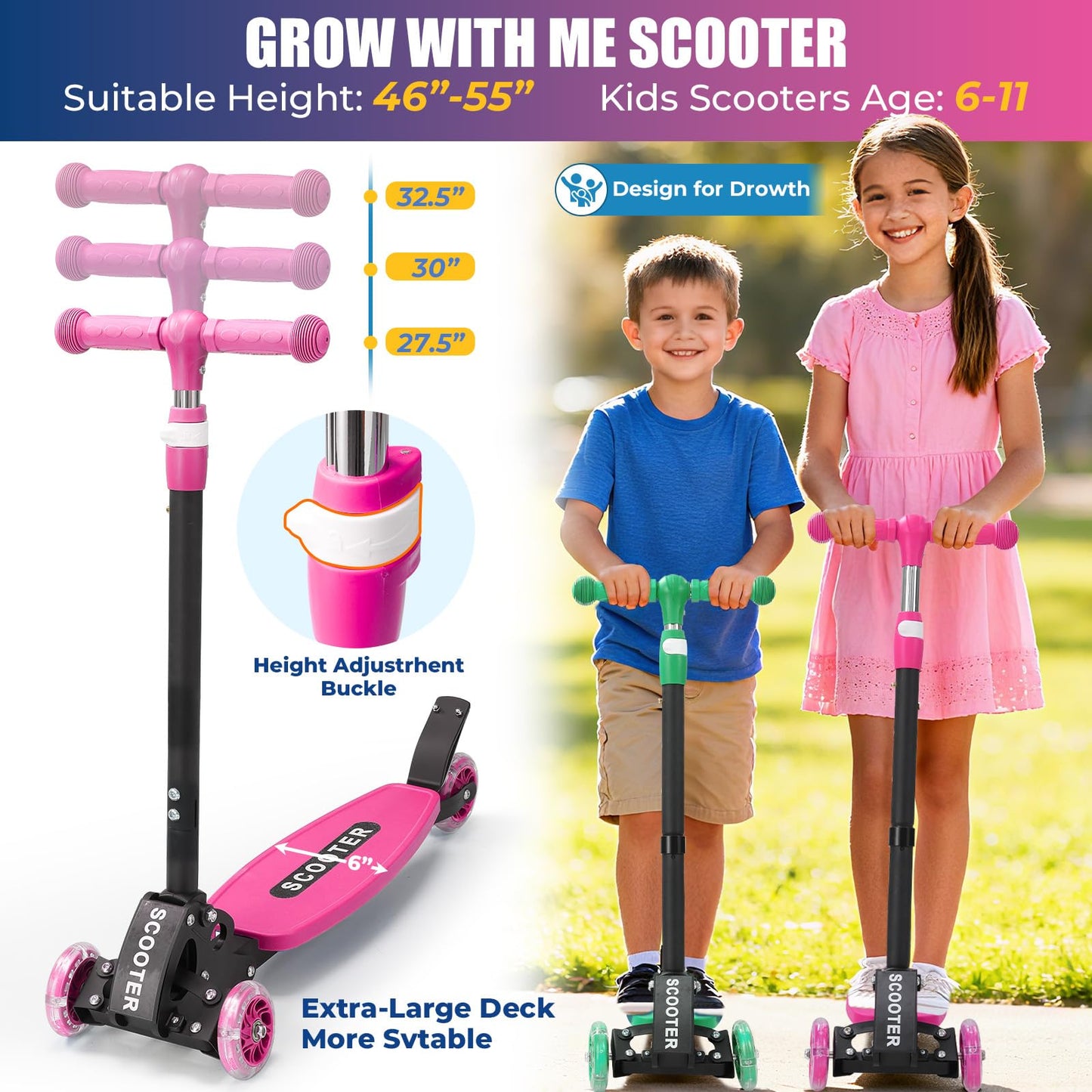 Scooter, Heavy-Duty 3-Wheel Scooter, 3-Speed Height Adjustable, LED Light-Up Wheels, Foldable - Kids Kick Scooter for 6-12 Year Old Boys Girls, 180 lbs Capacity for Birthday Christmas, Pink