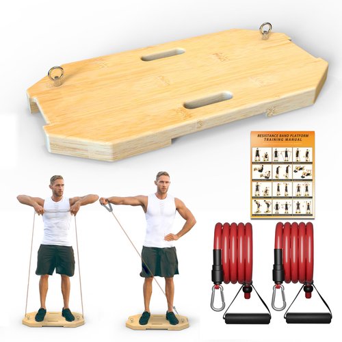 J Bryant Bamboo Resistance Band Platform with Eye Bolt Anchors – Includes Tube Resistance Bands with Handles – for Full-Body Strength, Rehab, Mobility & Functional Workouts
